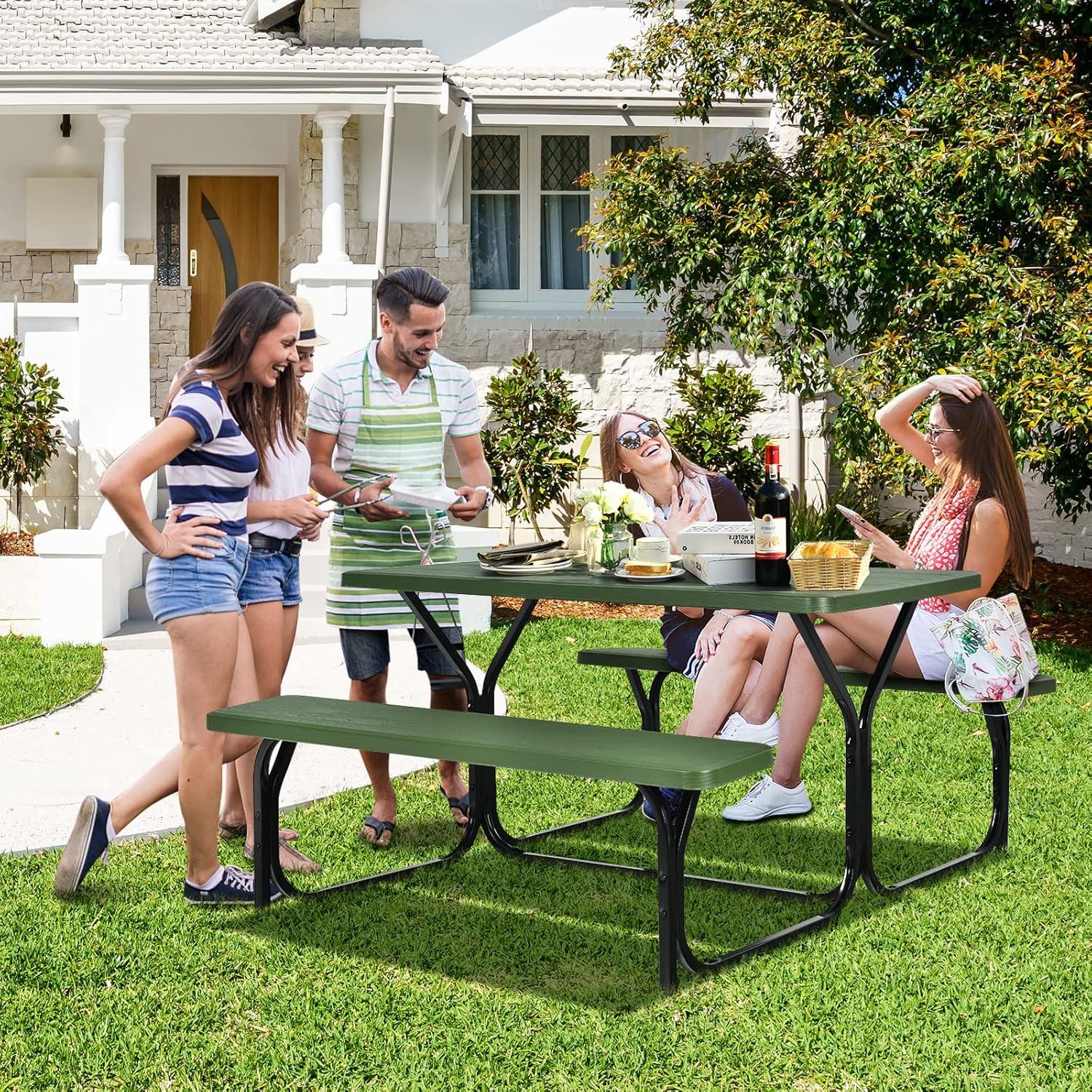 Spaco Picnic Table Bench Set for Outdoor Camping -Green, Furniture Conversation Sets, Coffee Table for Garden, Poolside, Backyard