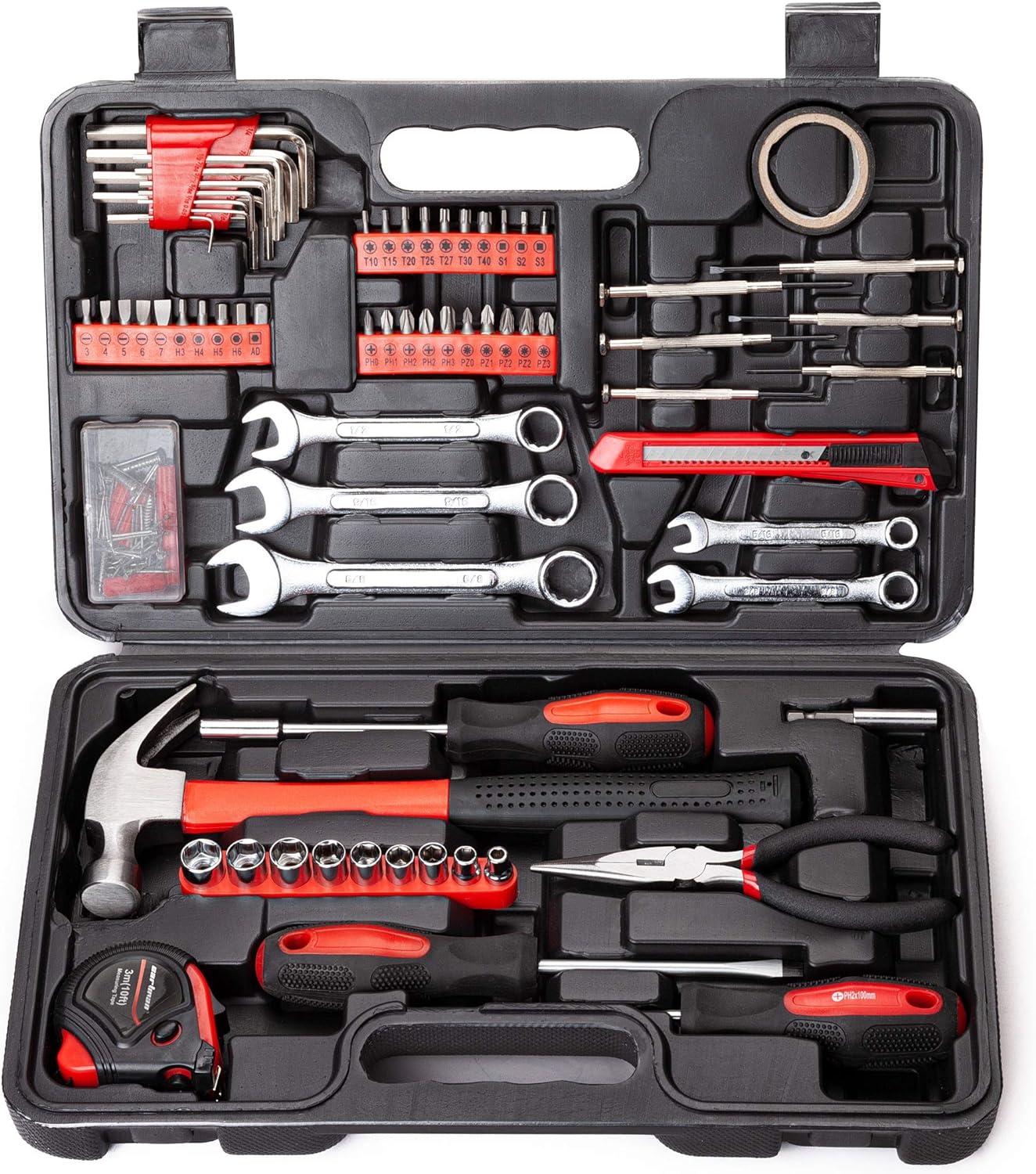 Cshidworld 148-Piece Tool Set General Household Hand Kit with Plastic Toolbox Storage Case, Mechanic Basic Home Tool Kit for Men and Women, All Essential Repair Tools for Home Garage and Office, Red
