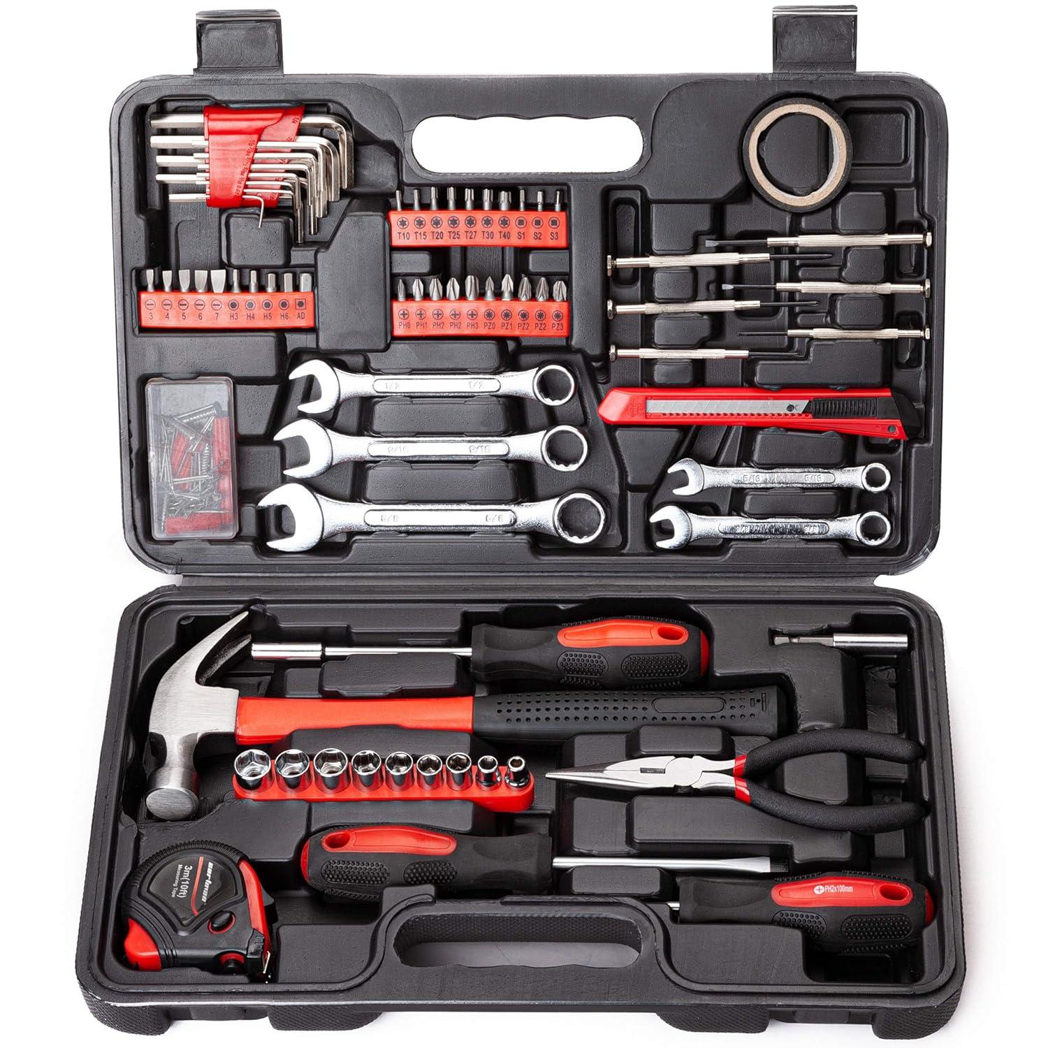 Cshidworld 148-Piece Tool Set General Household Hand Kit with Plastic Toolbox Storage Case, Mechanic Basic Home Tool Kit for Men and Women, All Essential Repair Tools for Home Garage and Office, Red