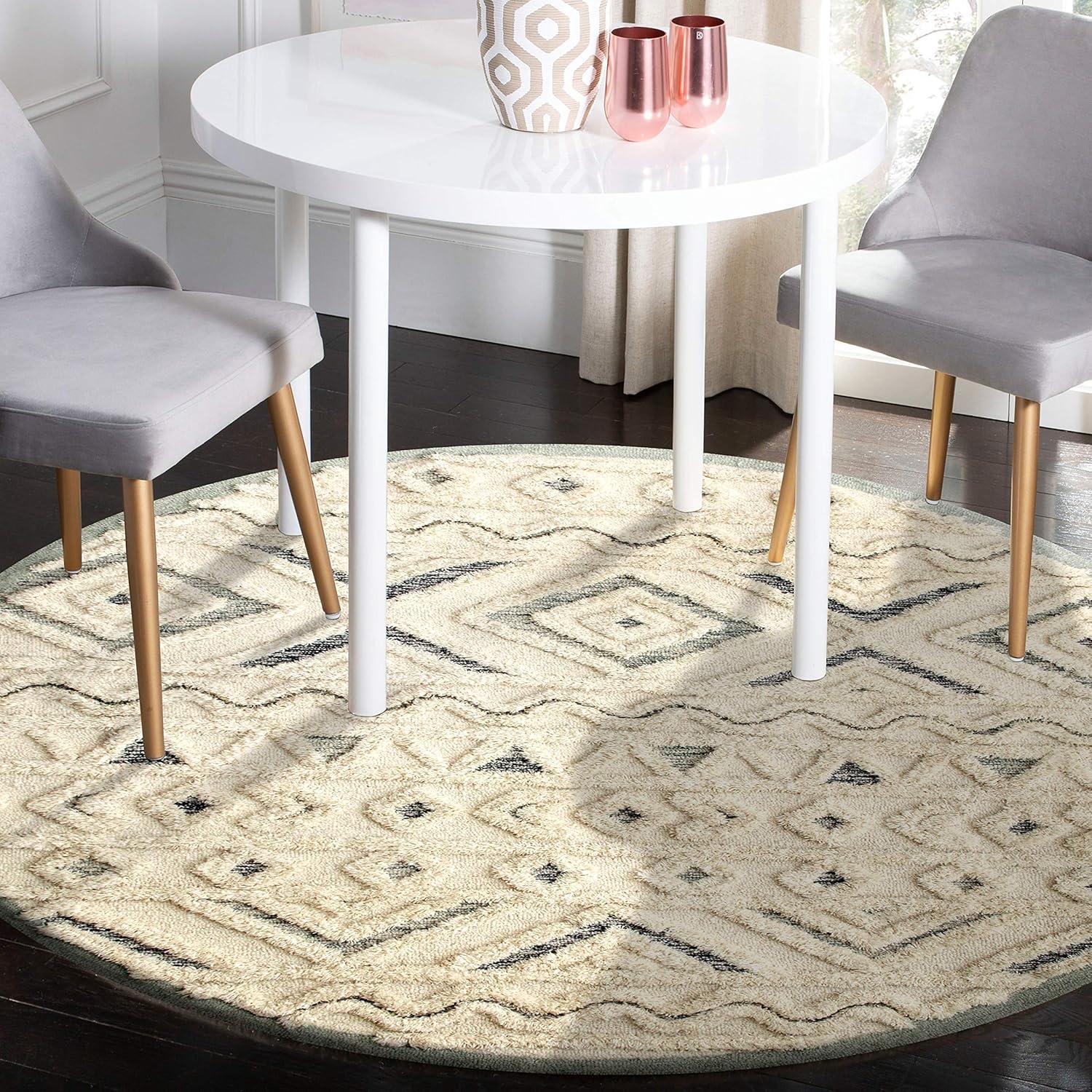 Handmade Light Blue and Cream Tufted Wool Geometric Round Rug