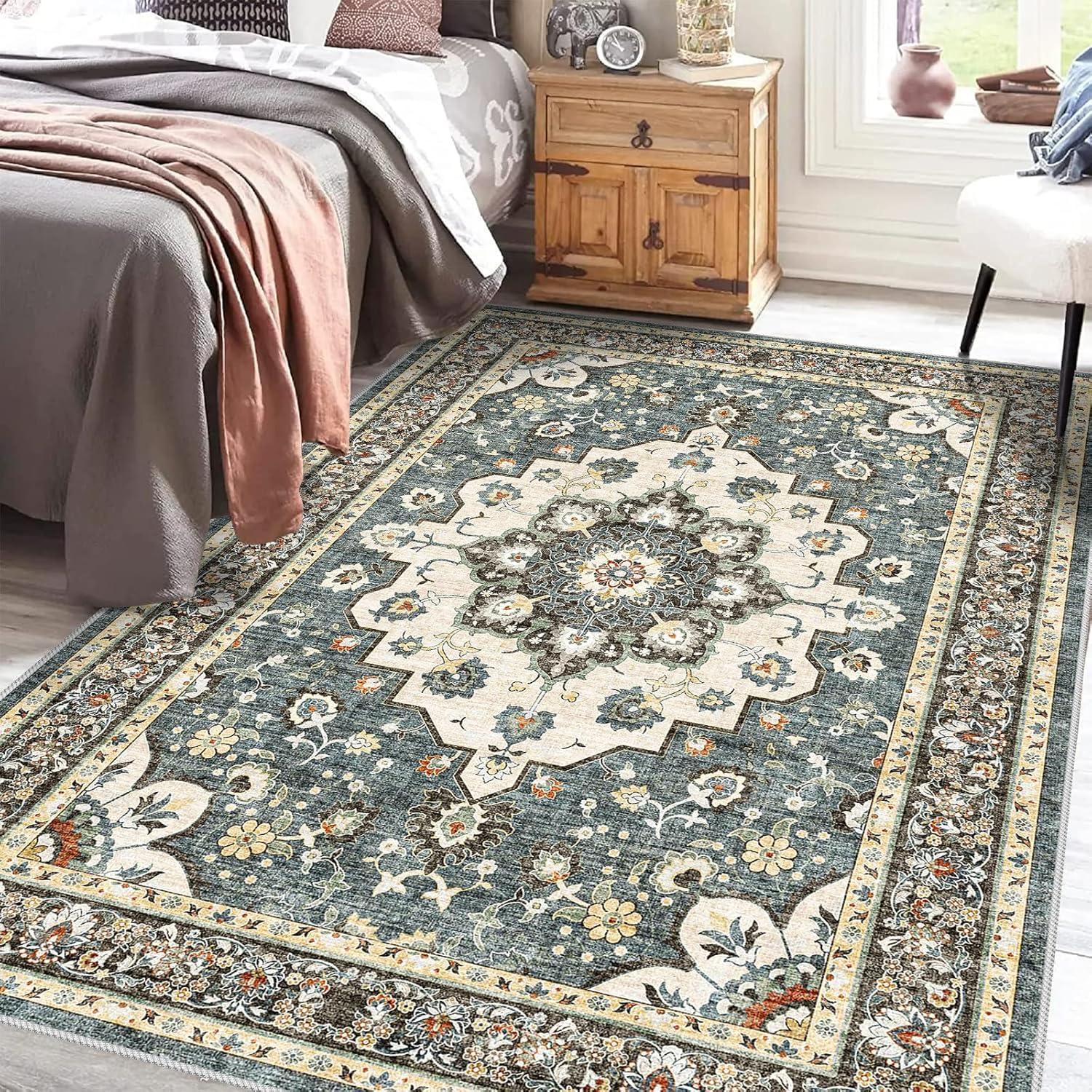 Polyester Machine Washable Blue Oriental Area Rug