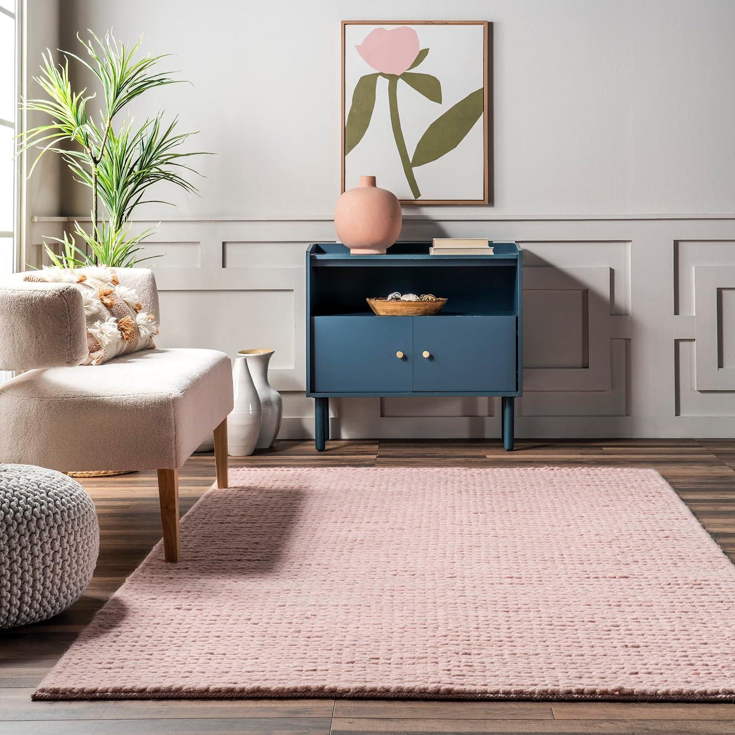 Nuloom 4x6 Penelope Wool Braided Handmade Indoor Area Rug, Pink, Solid Rustic Farmhouse Style, For Bedroom, Living Room, Hallway, Entryway