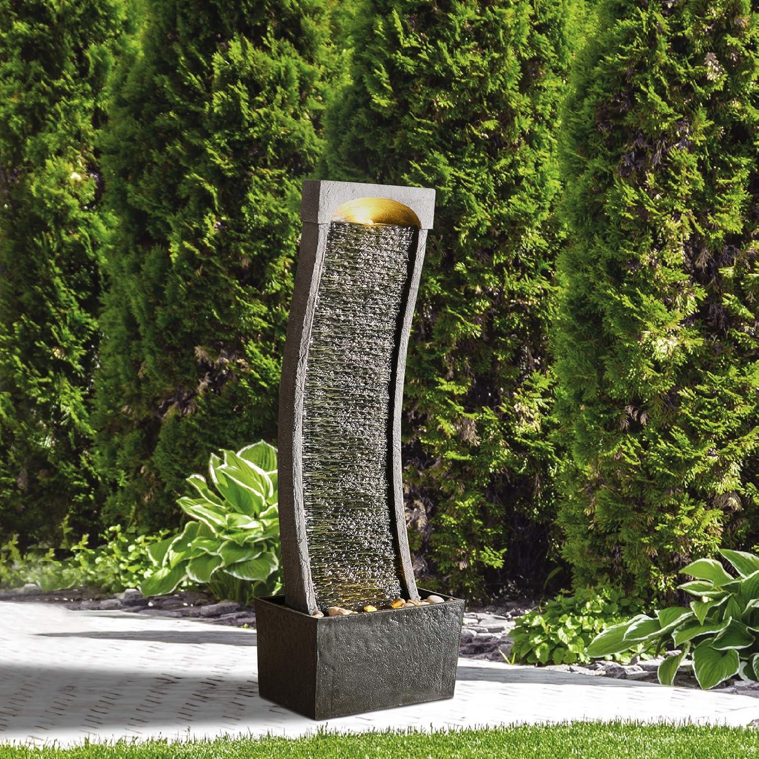 Modern Curved Black and Gray Slate Waterfall Fountain with LED Lights