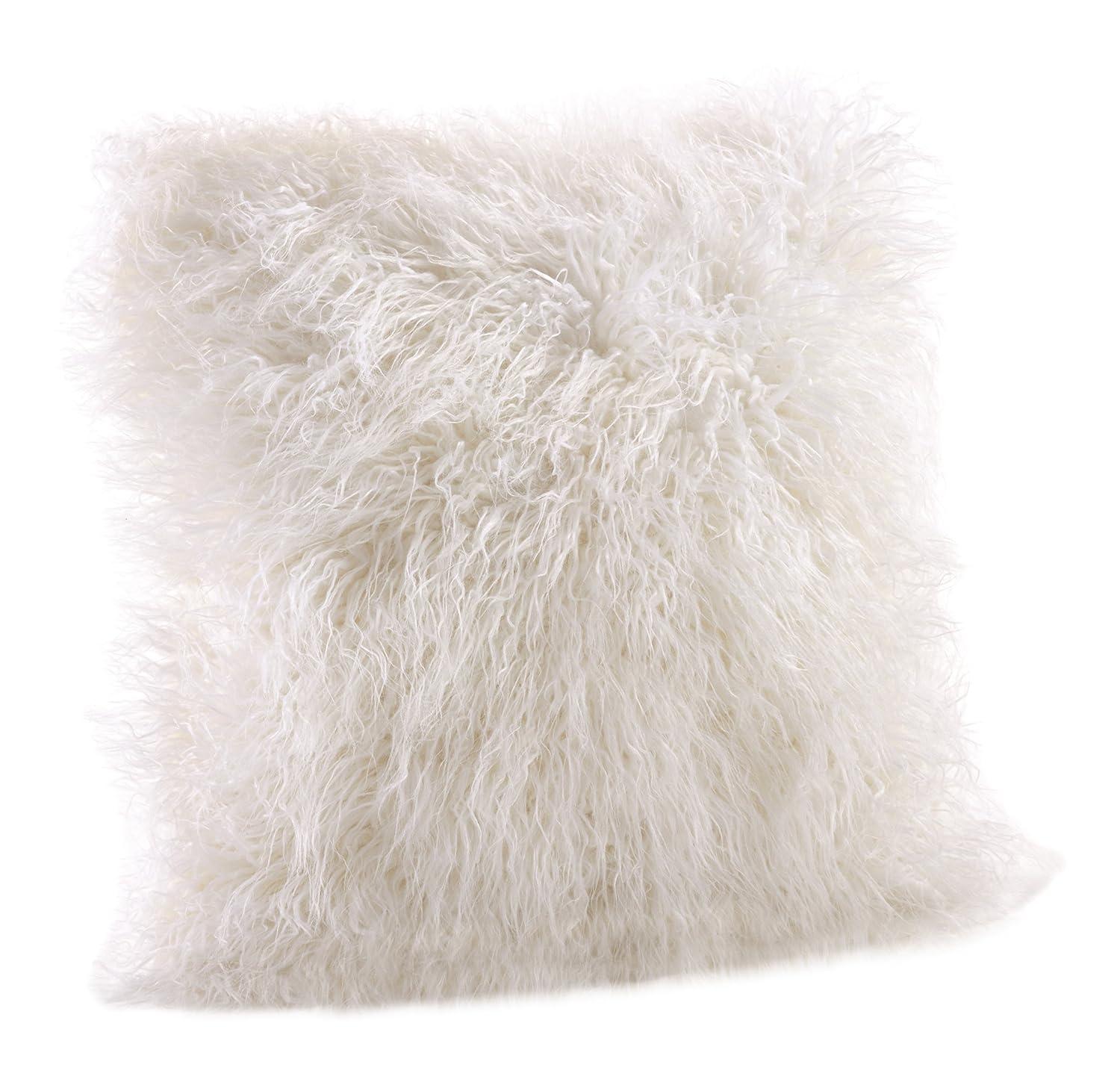18"x18" Poly Filled Faux Mongolian Fur Square Throw Pillow Ivory - Saro Lifestyle