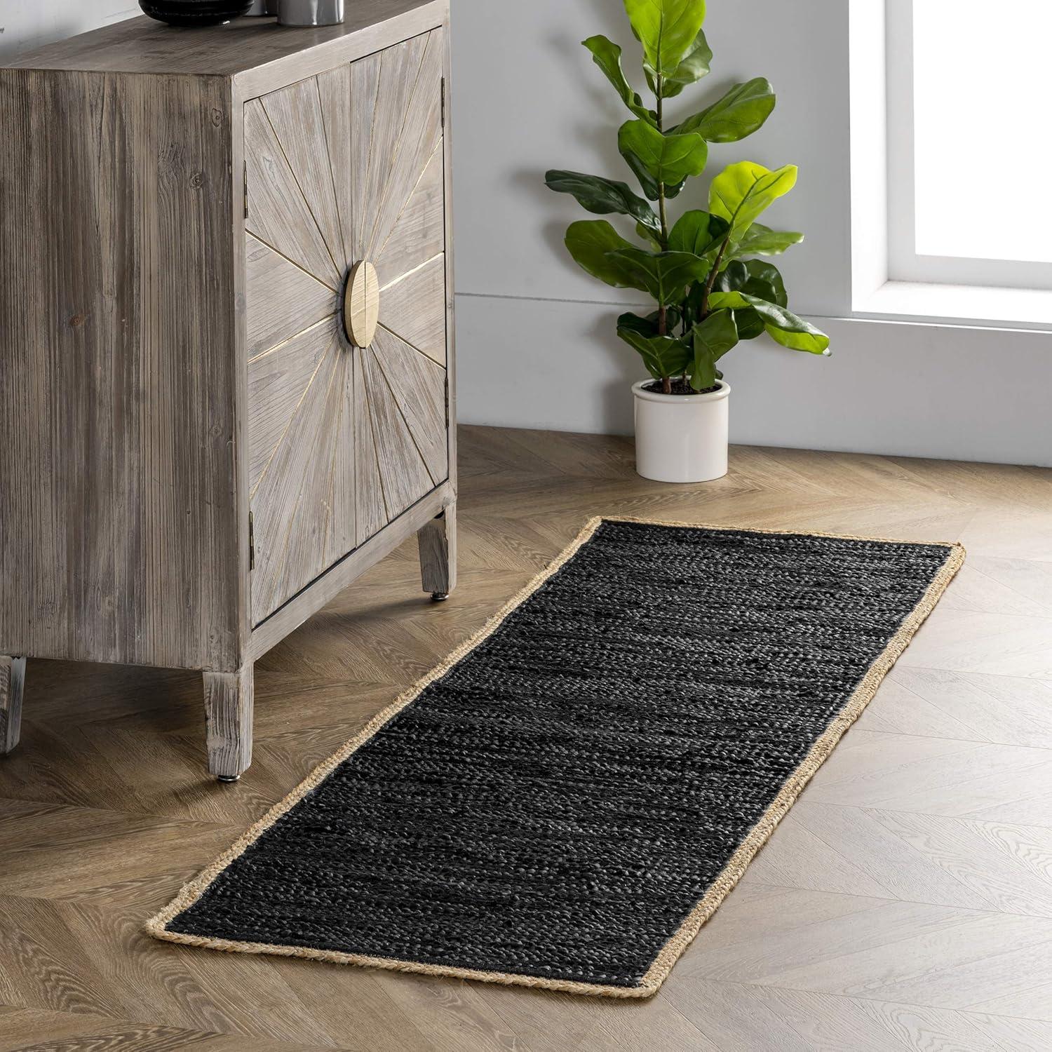 Handwoven Black Leather & Hemp 6' x 9' Flatweave Rug