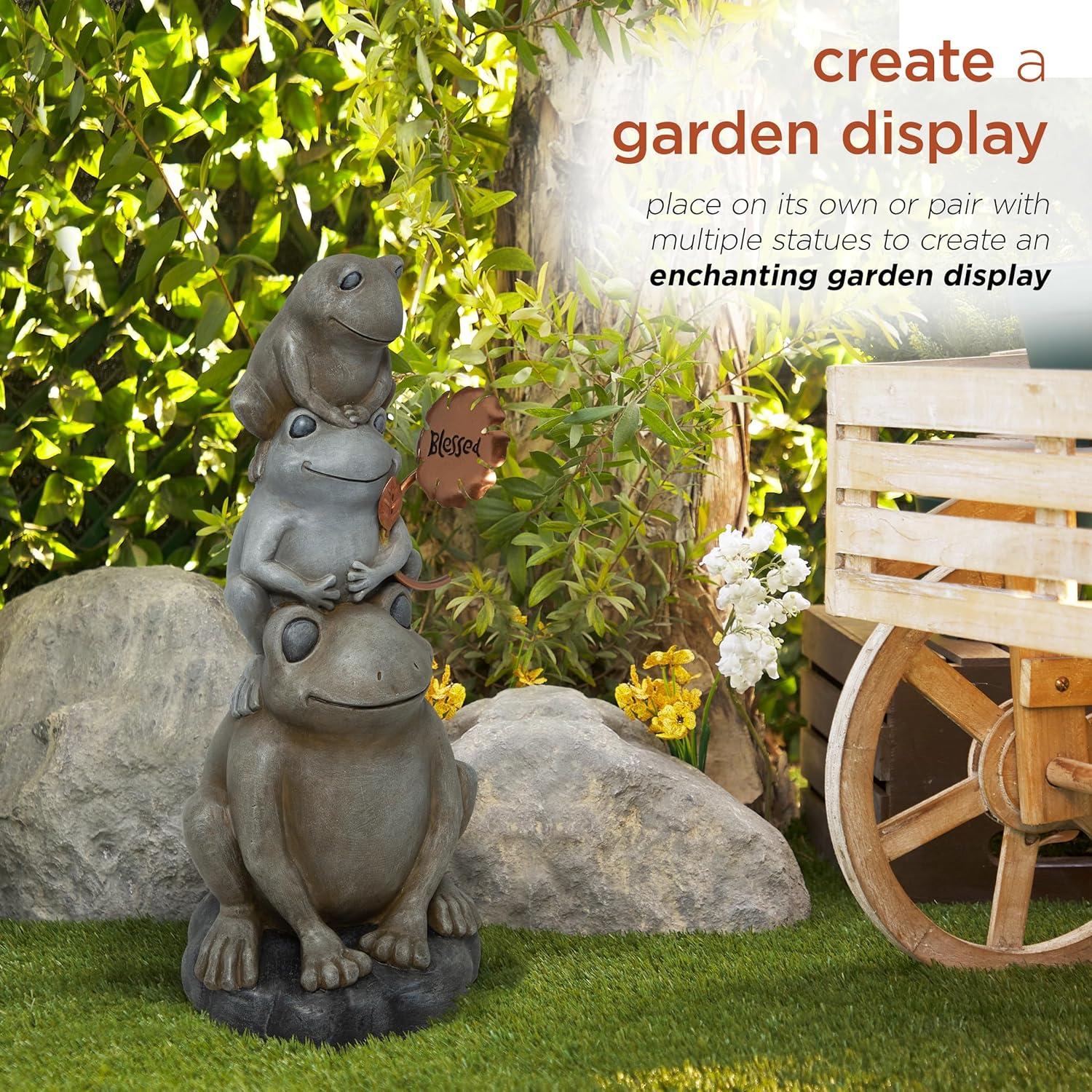 18" Polyresin Stacked Frogs with Flower Indoor/Outdoor Decorative Garden Statue Heathered Gray/Olive Green - Alpine Corporation