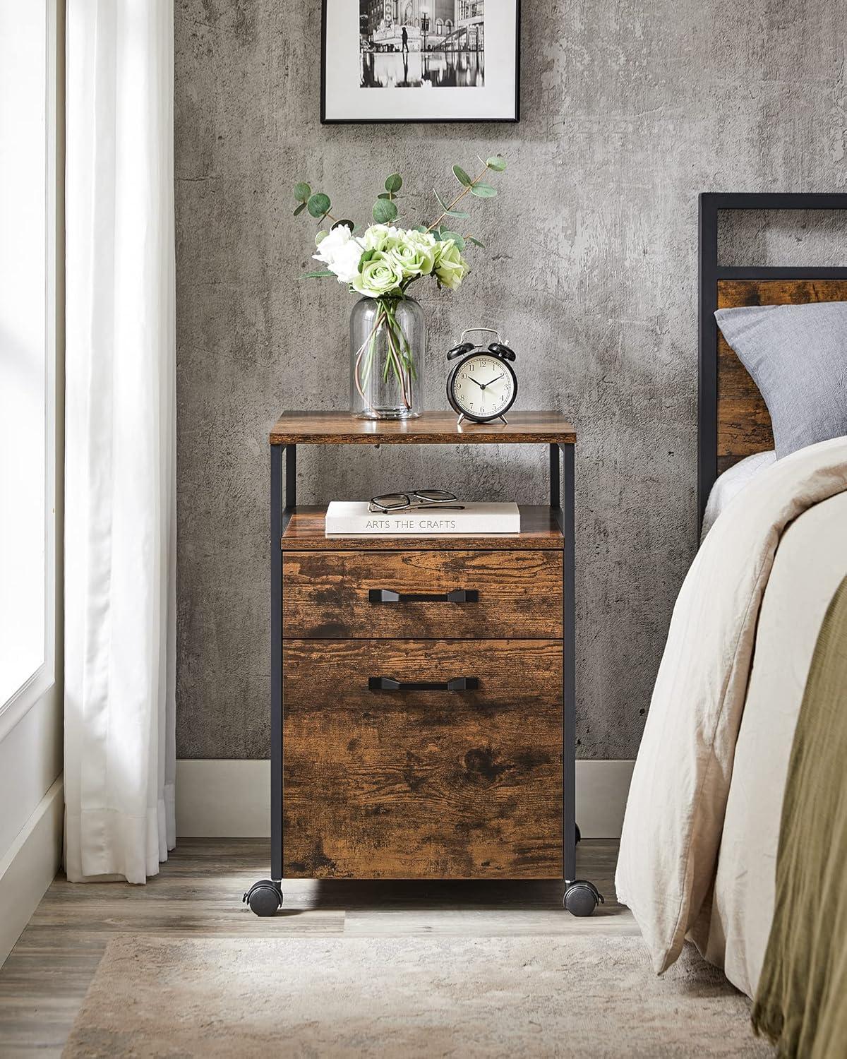 Rustic Brown and Black Mobile 2-Drawer Lockable File Cabinet