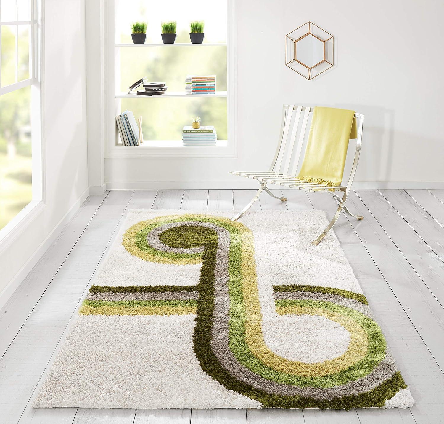 Scandinavian Groove Green Shag 5' x 7' Hand-Tufted Rug