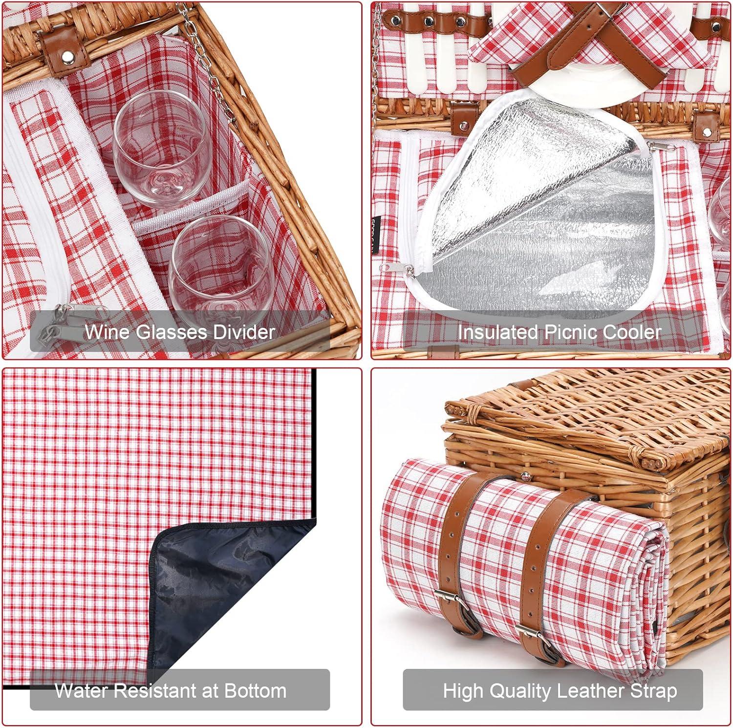 Red Checkered Wicker Picnic Basket with Insulated Compartment