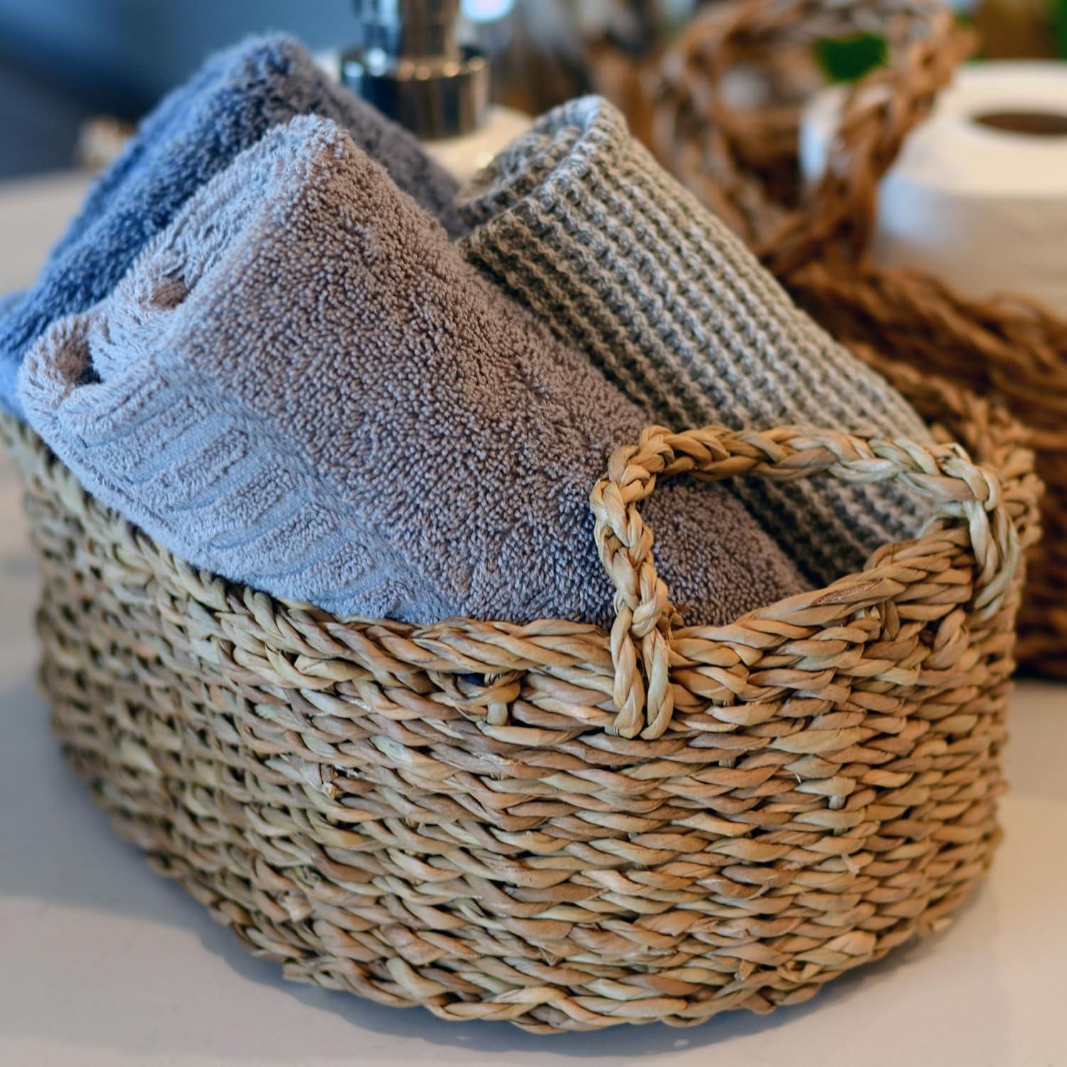 Seagrass Baskets, Set of 3, Thick Chunky Sweater Weave, Decorative Vanity Organizers, Closet Storage Bins, Oval, 13.75, 11.75, and 9.5 Inches