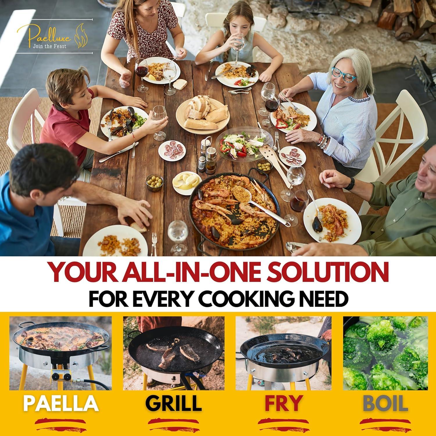 Paelluxe Paella Burner and Stand Set 20 Servings, 24 Inch Paella Pan, Dual Propane Outdoor Stove with Stand & Regulator, Portable Gas Cooker for Camping Crawfish Boil Cooking Outdoor, Paellera Propano