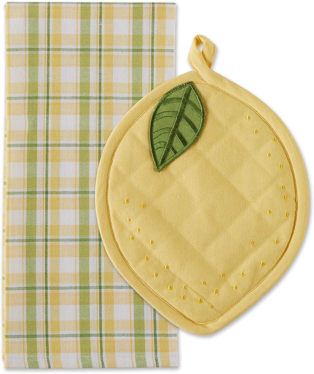 Lemon Shaped Cotton Potholder and Plaid Towel Set