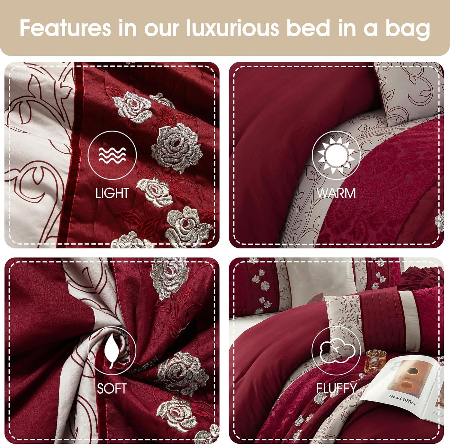 King Size 7 Piece Burgundy Brown Embroidery Soft Bedding Comforter Set