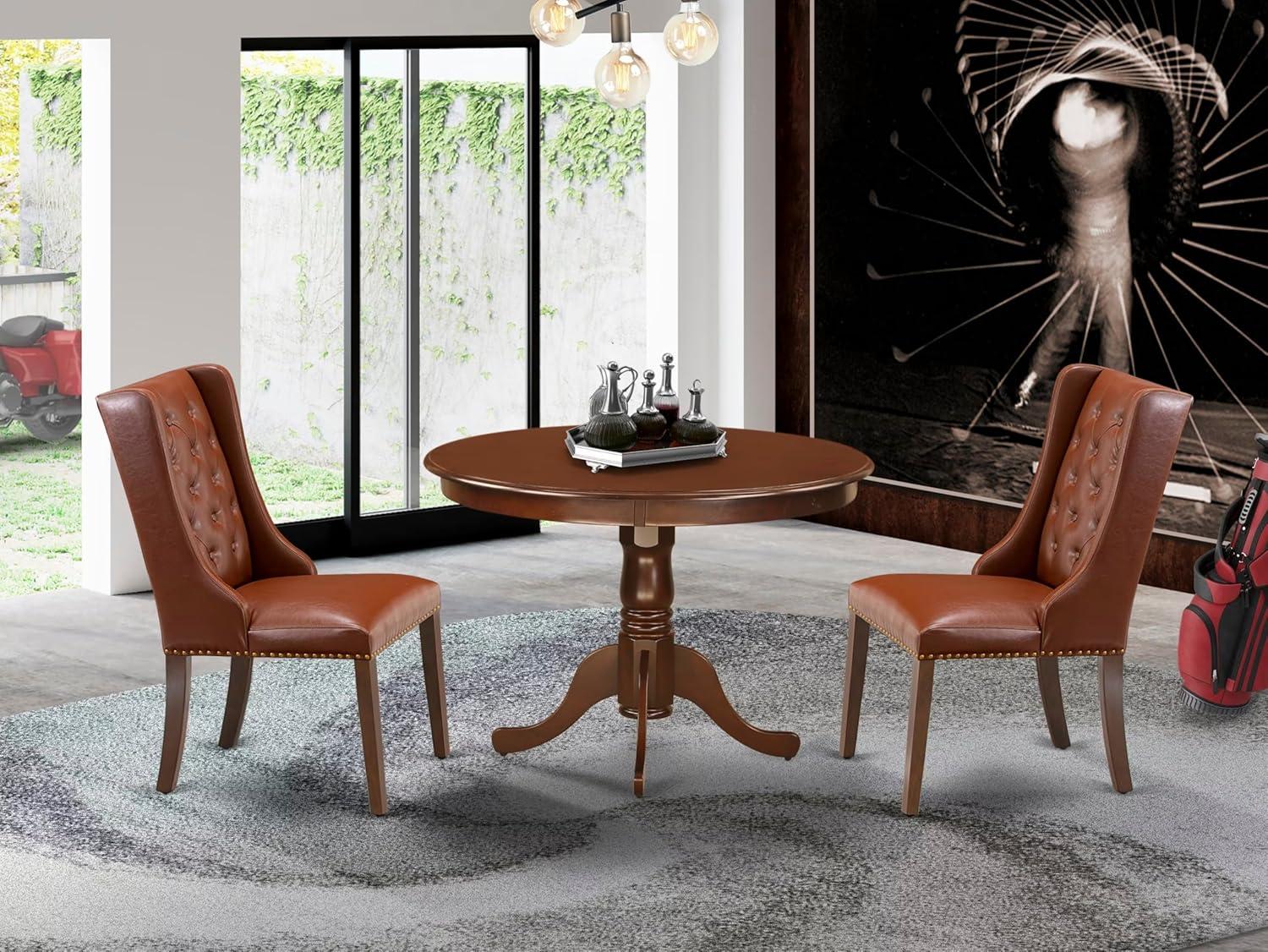 Mahogany 42" Round Dining Table Set with Brown Faux Leather Chairs