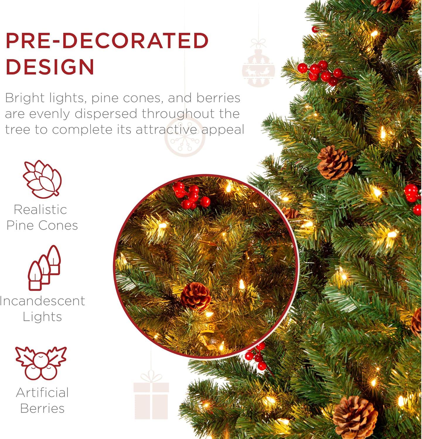 Best Choice Products 4.5ft Pre-Lit Pre-Decorated Holiday Spruce Christmas Pine Tree w/ 398 Tips, 150Lights, Metal Base