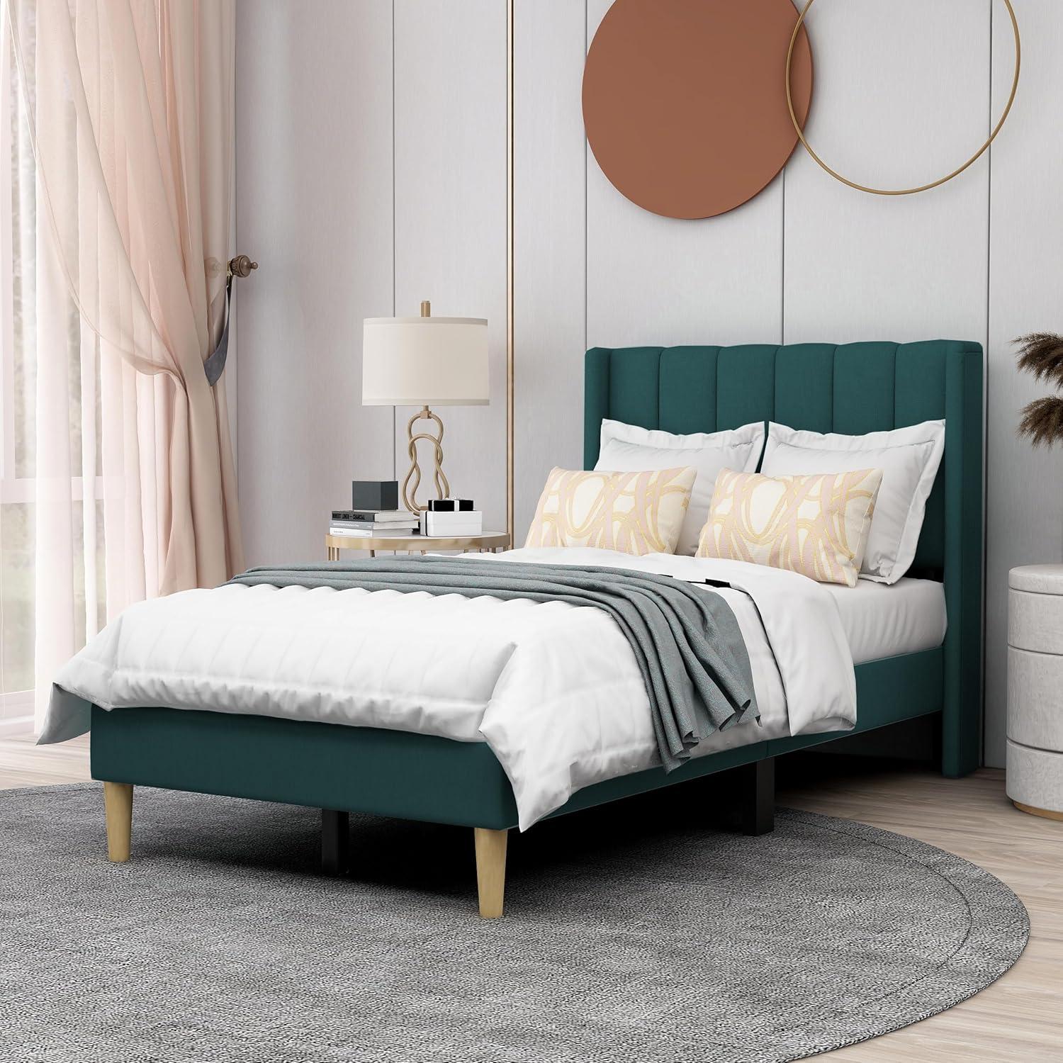 Twin Green Velvet Upholstered Platform Bed with Wingback Headboard