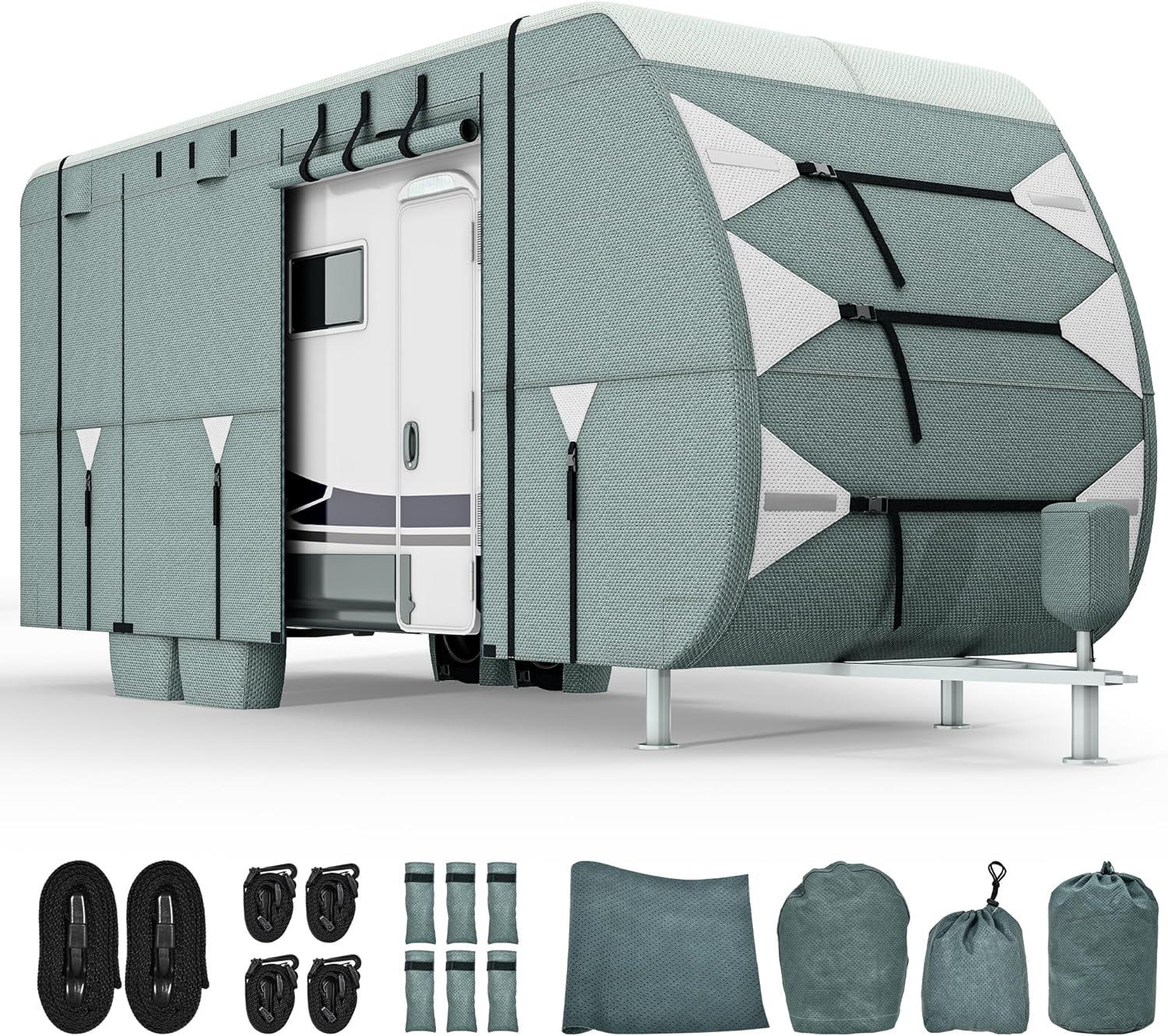 Travel Tailer RV Cover Camper Cover 27-30ft Super Thick Waterproof Windproof Anti-UV Rip-Stop Motorhome Covers with 2 Long Straps 4 Tire Covers Tongue Jack Cover