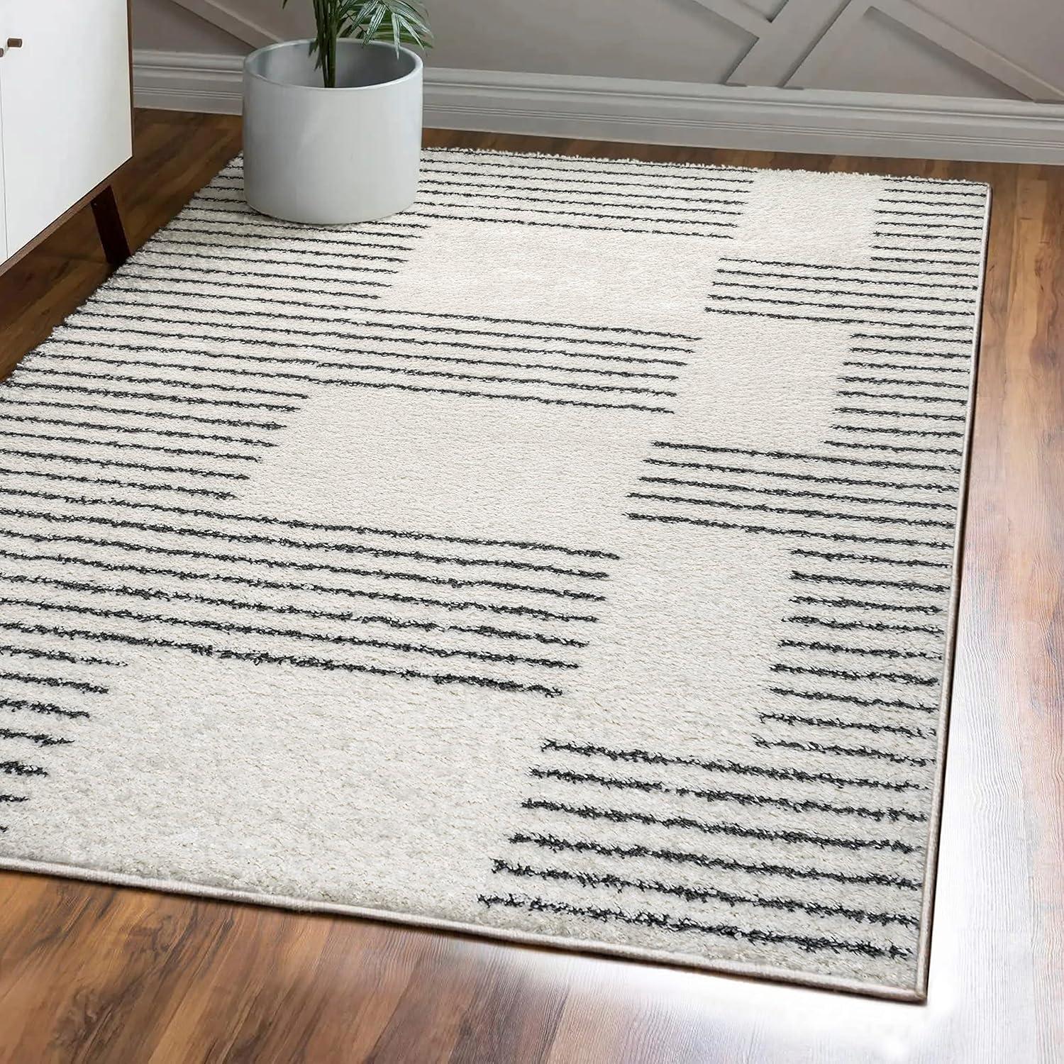 8' x 10' White and Black Stripe Shag Area Rug