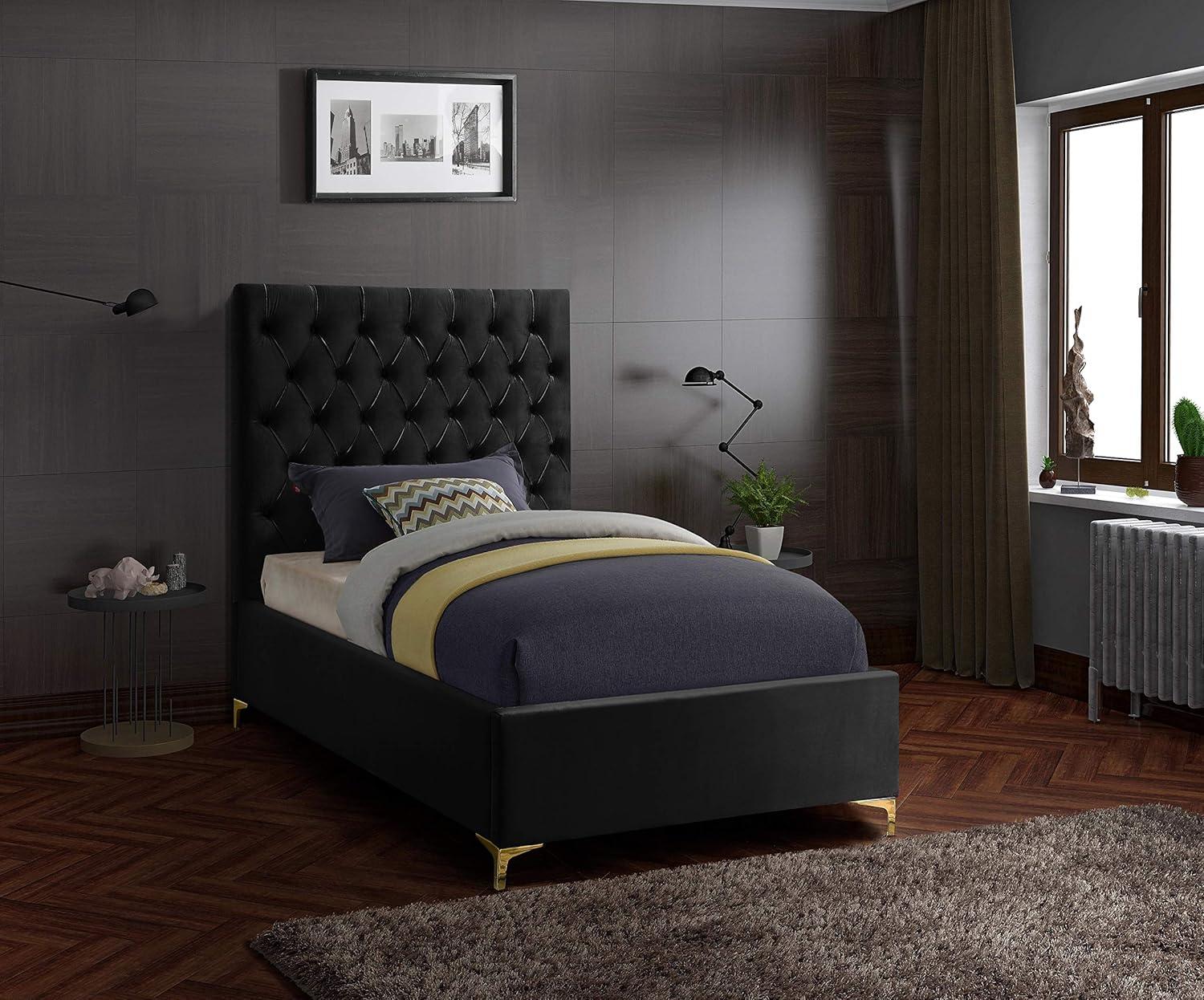 Meridian Furniture Cruz Solid Wood Tufted Velvet Queen Bed in Navy
