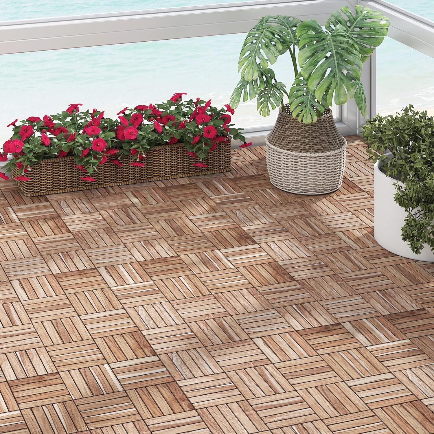 Teak Hardwood Interlocking Deck Tiles, 12" x 12", Pack of 10