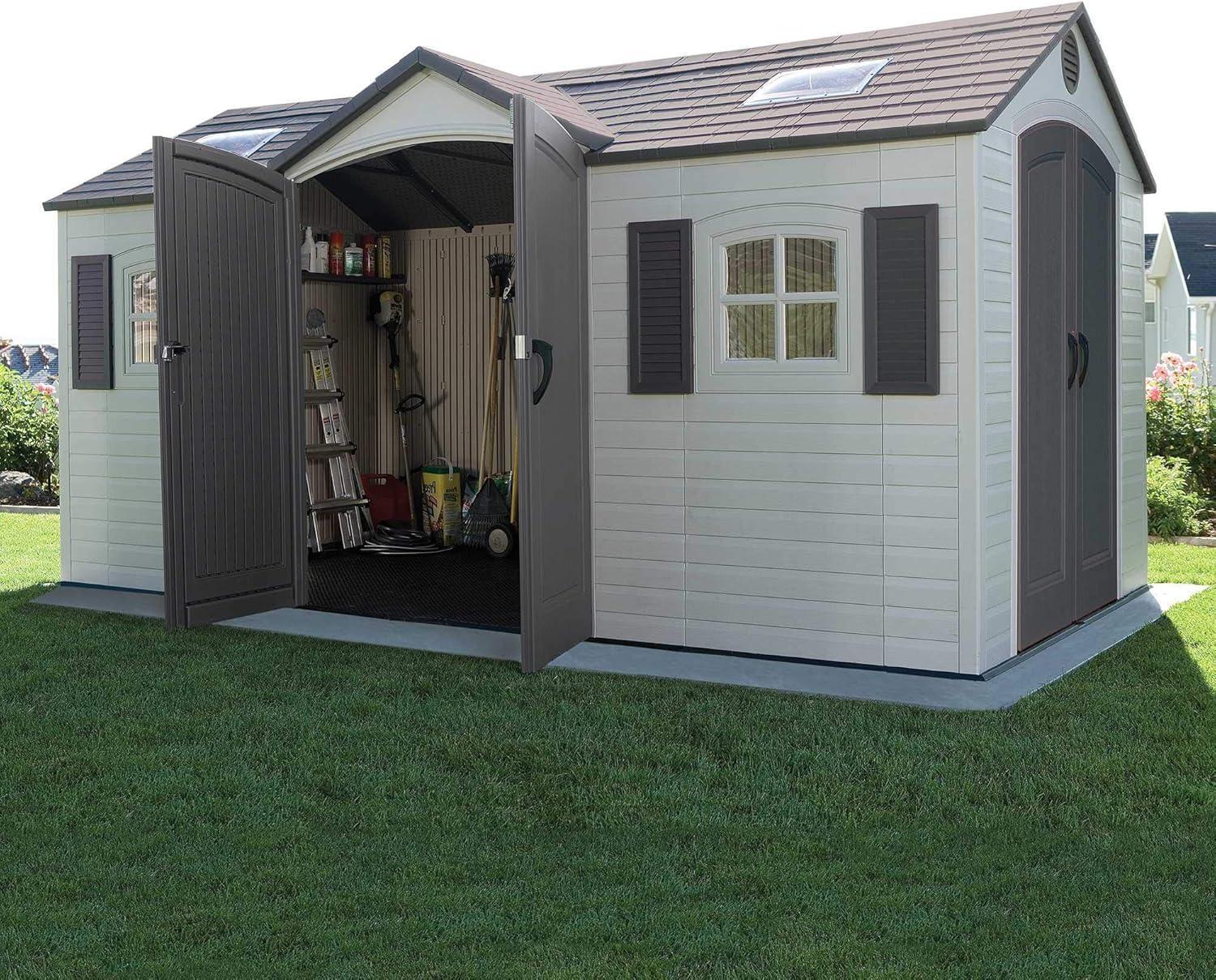 Beige Dual Entry 15' x 8' Outdoor Storage Shed with Windows