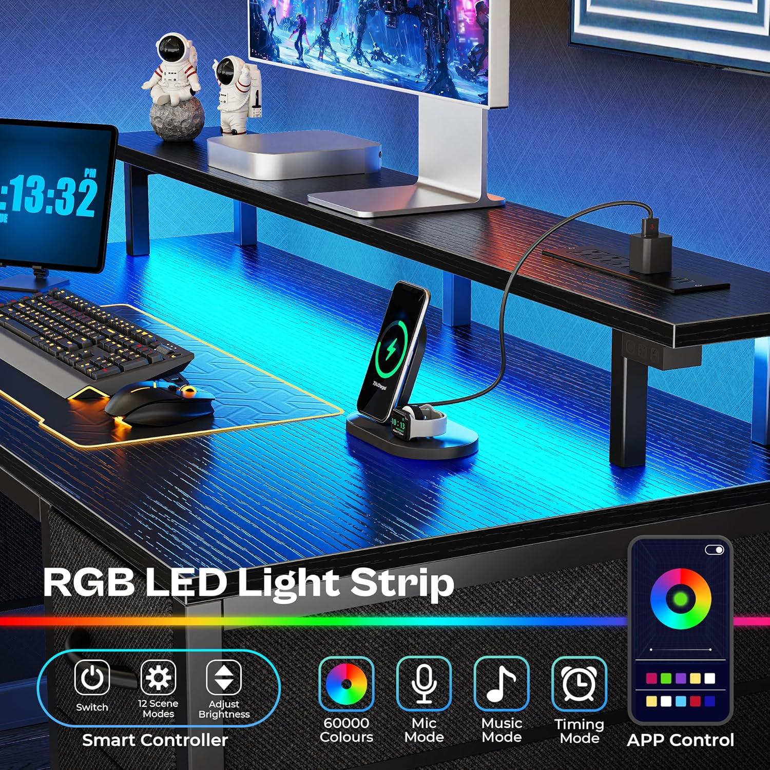 Black Rectangular Gaming Desk with LED Lights, Drawers, and Power Outlets