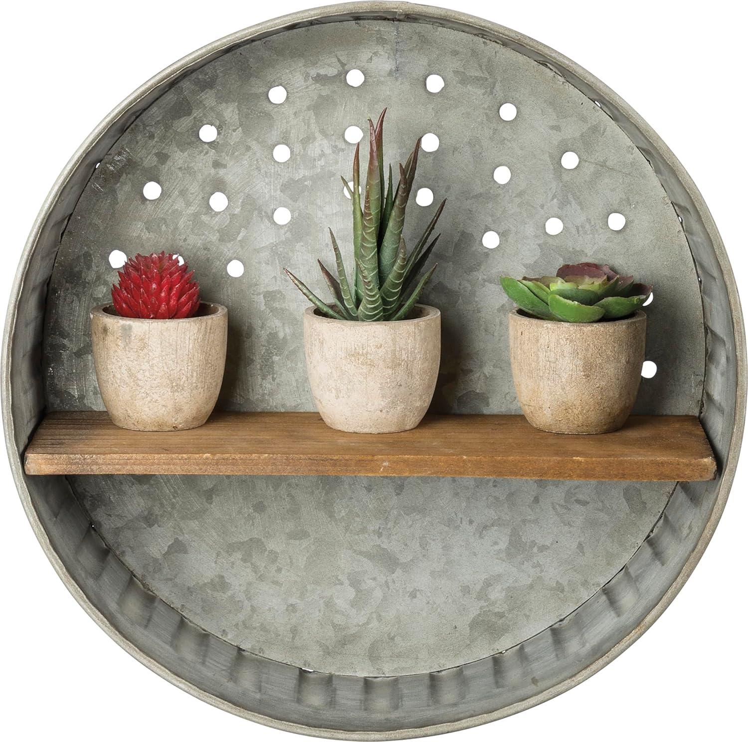 Rustic Silver Round Metal Wall Shelf with Wood Accent