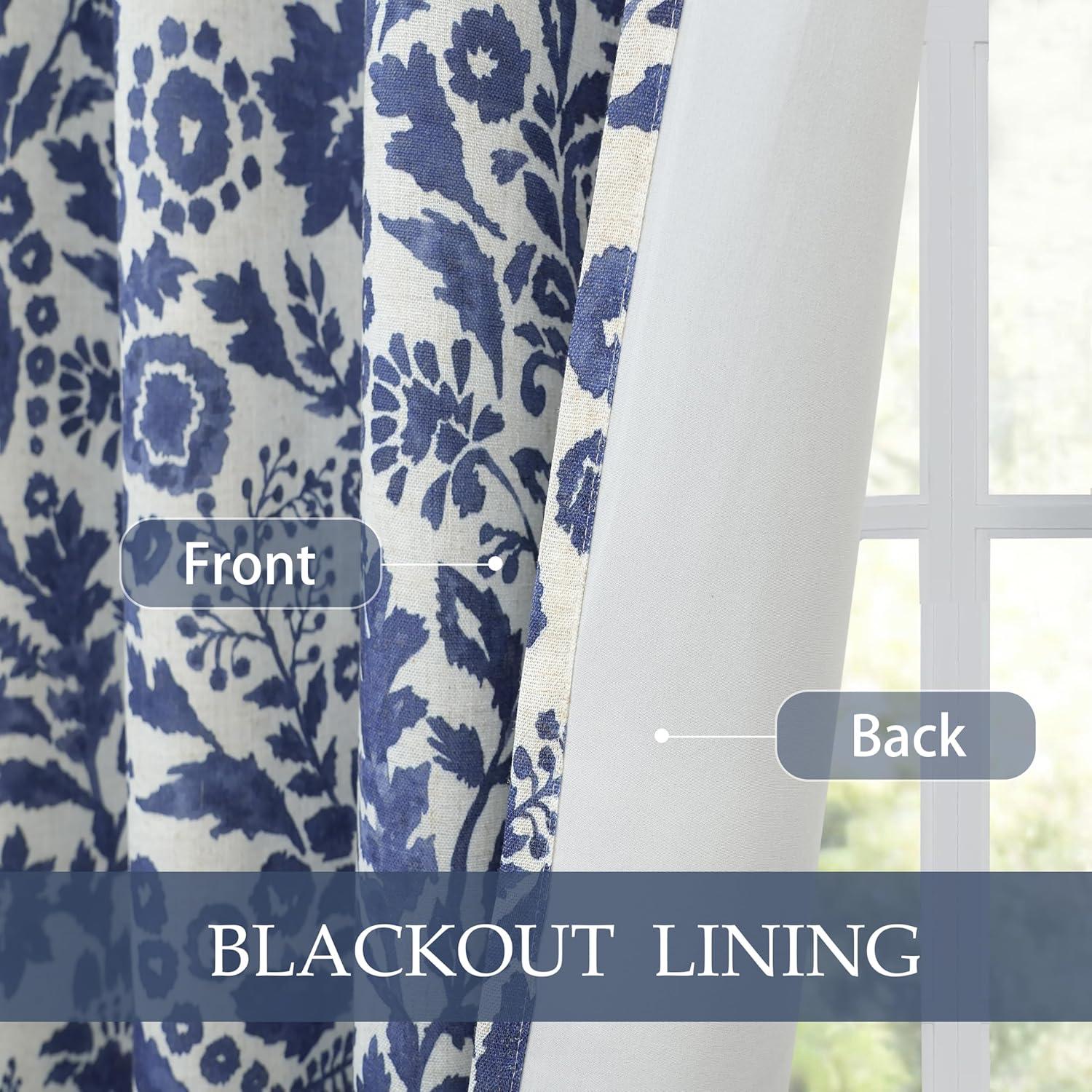 DriftAway Julia Watercolor Blackout Room Darkening Grommet Lined Thermal Insulated Energy Saving Window Curtains 2 Layers 2 Panels Each Size 96"L x 52"W Navy