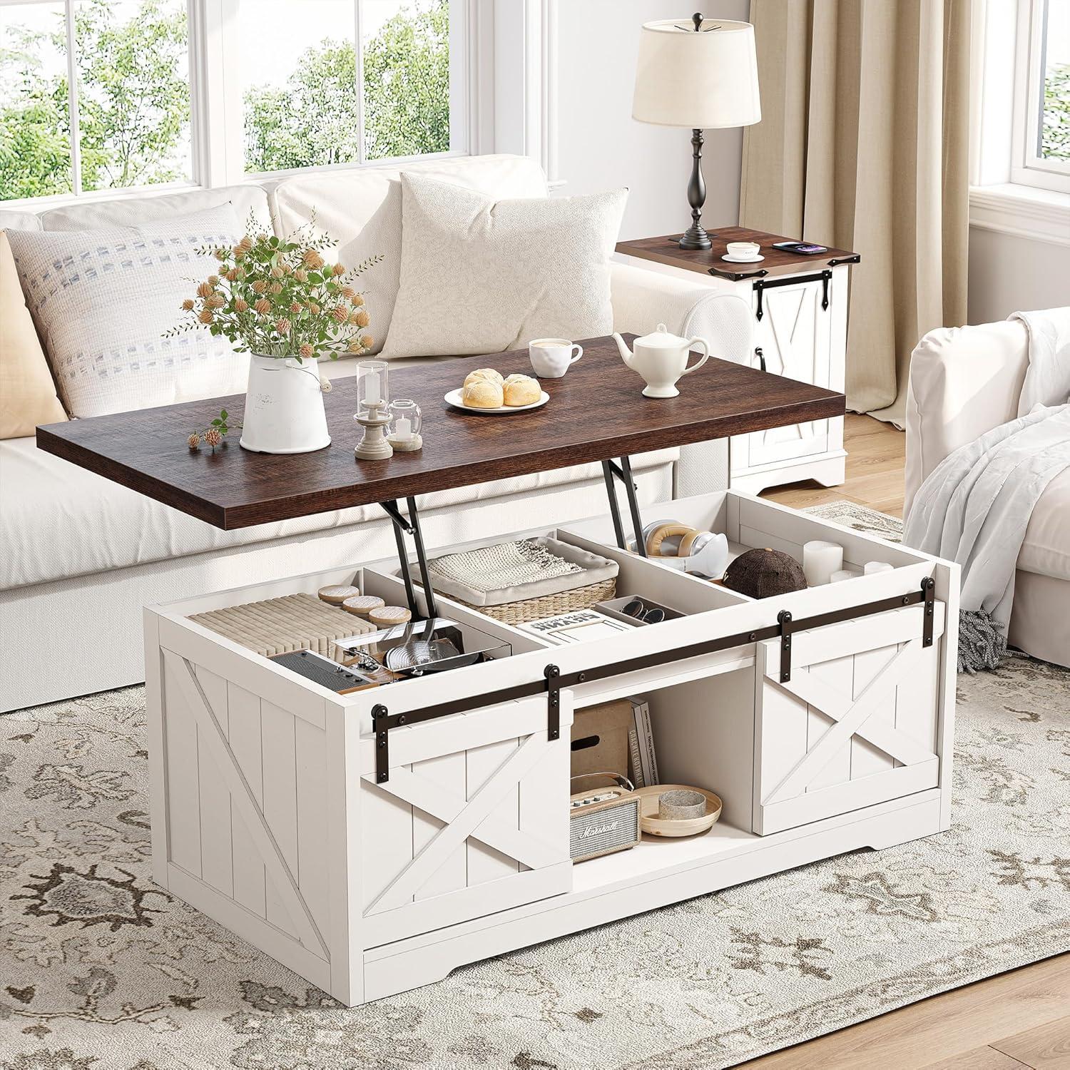 White and Natural Wood Lift-Top Coffee Table with Sliding Barn Doors