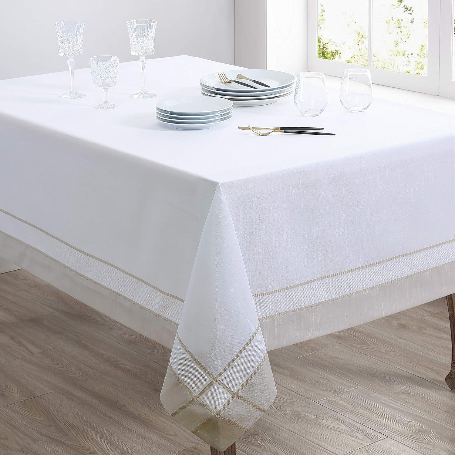 72 in. Banded Border Square Tablecloth, Natural