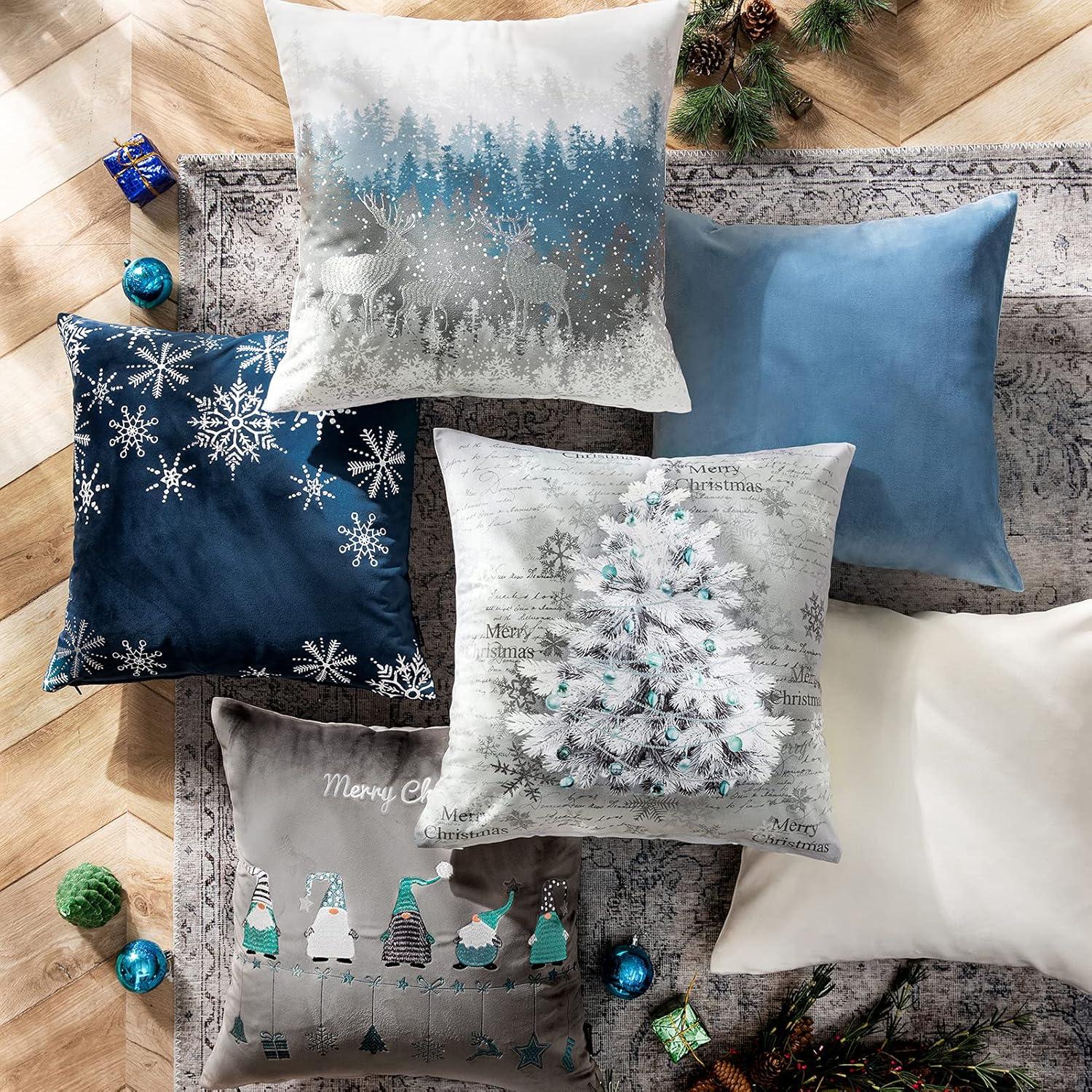 Phantoscope Merry Christmas Decorative Velvet Embroidery Throw Pillow Cover with Snowflake, Trees