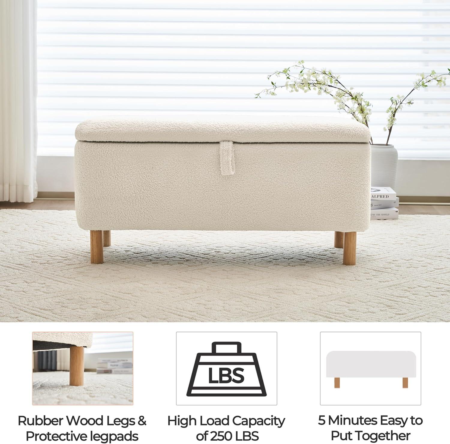 Storage Ottoman Bench with 250lb Seating, 39.5" Boucle Upholstered Entryway Bench with Wood Legs and Safety Hinge, Flip Top Foot Rest Long Stool for Sofa Couch Bedroom End of Bed, White