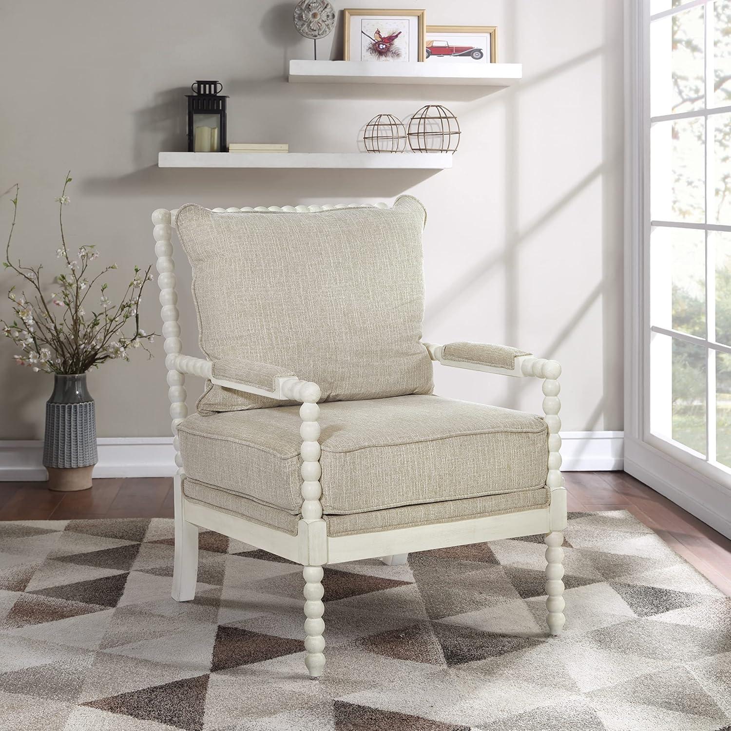 Kaylee Spindle Chair in Linen  White Fabric with Antique White Frame