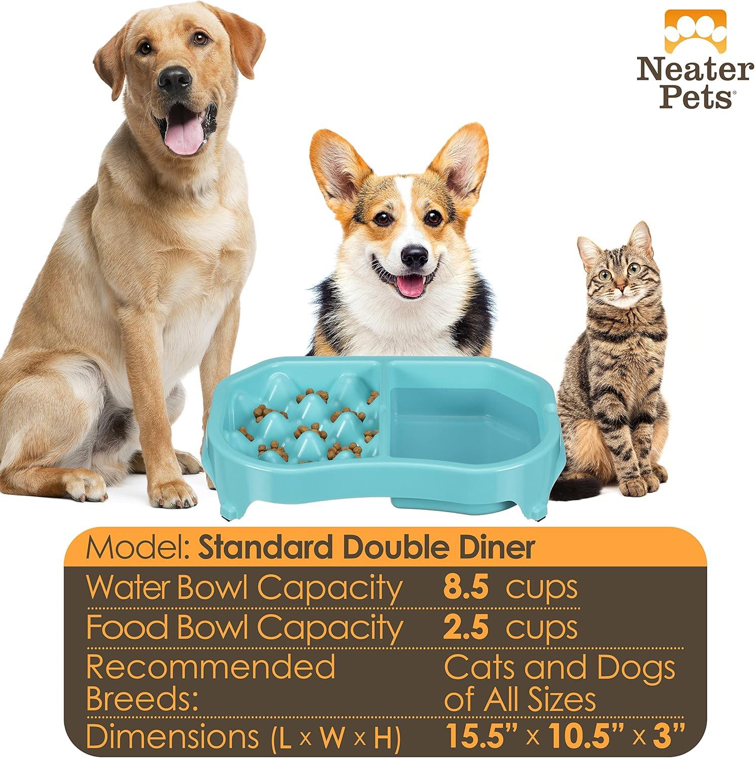 Neater Pet Brands Neater Slow Feeder Double Diner Food and Water Bowl - Improves Digestion, Stops Obesity, and Slows Down Eating, Aquamarine