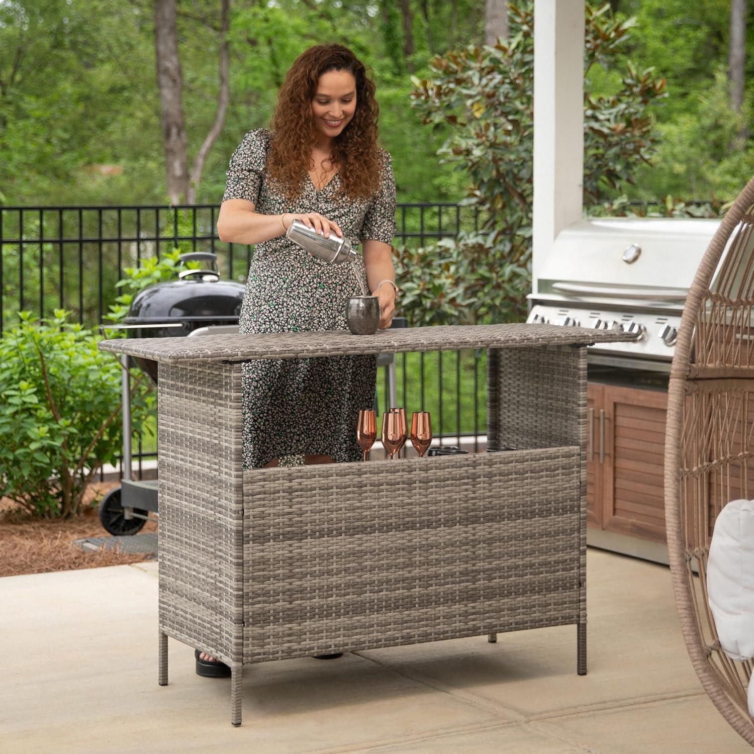 Flash Furniture Marco Indoor/Outdoor Patio Wicker Rattan Bar Counter Table with 2 Shelves, Gray