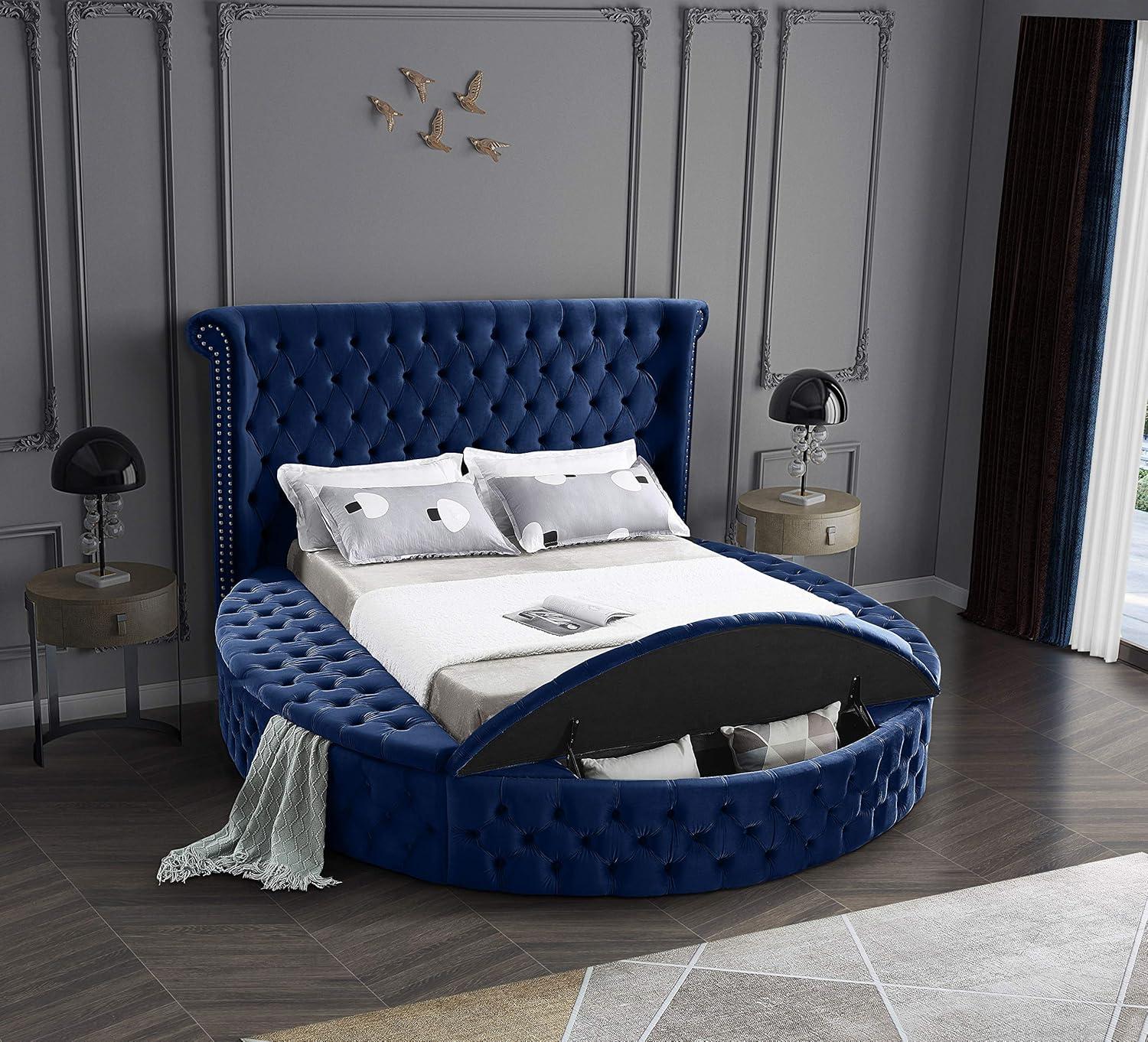 Luxus Navy Velvet Queen Bed with Tufted Upholstered Headboard