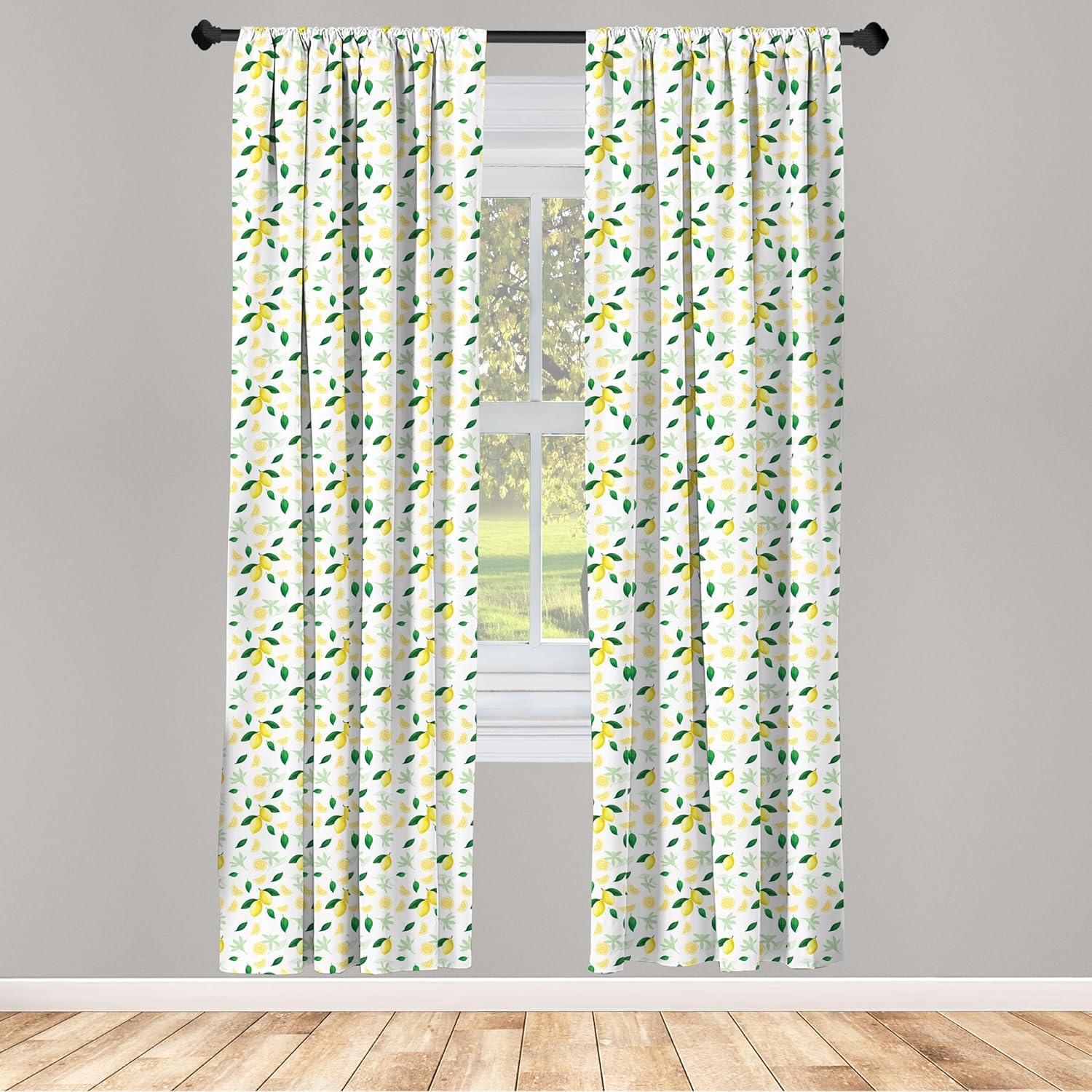 Ambesonne Lemon Curtains, Summer Juicy Slices Branch, Pair of 28"x95", Yellow Green and White