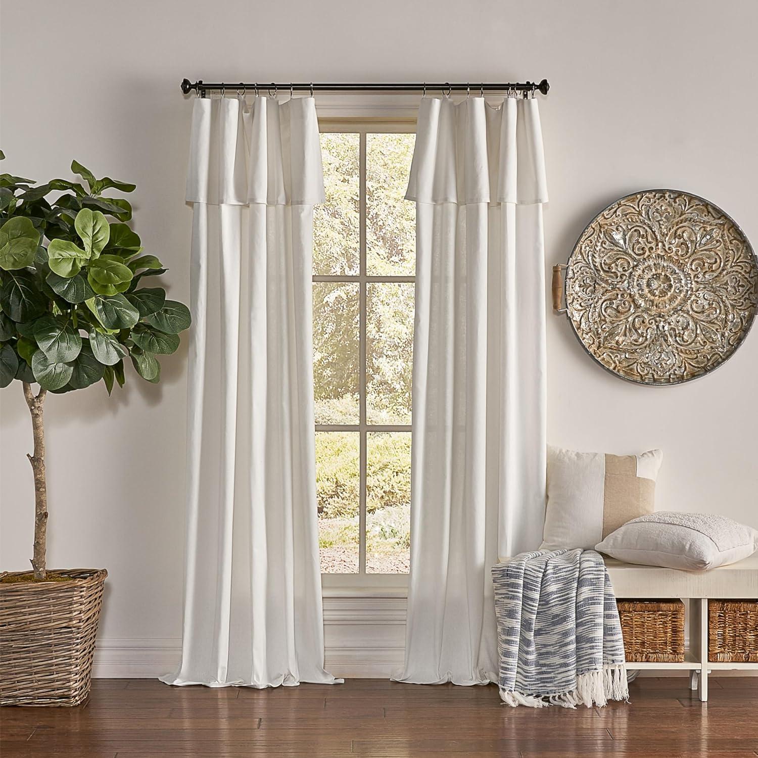 Off-White Cotton Light-Filtering Rod Pocket Curtain Panel with Valance