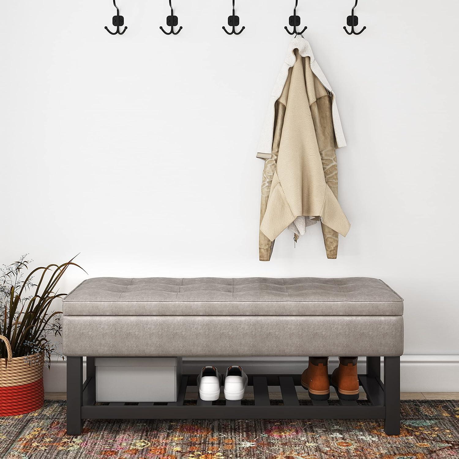 Gray Taupe Faux Leather Storage Ottoman Bench with Open Shelf