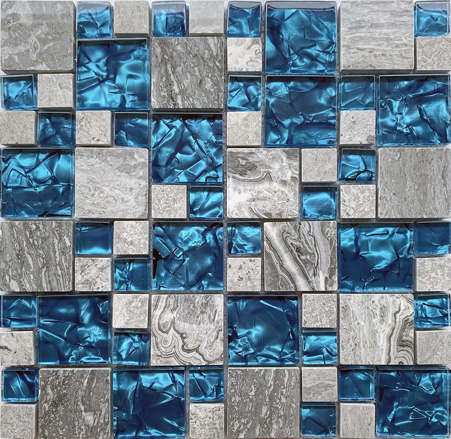 Gray and Teal Blue Polished Marble Glass Mosaic Tile