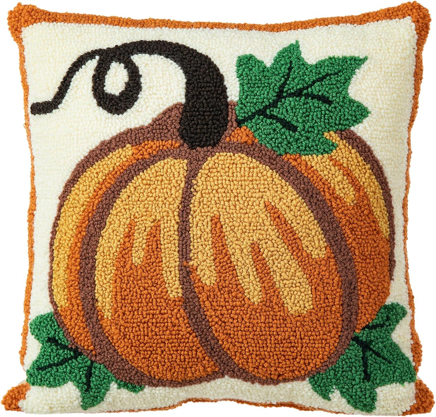 Handmade Hooked Pumpkin Fall Throw Pillow 14" x 14"