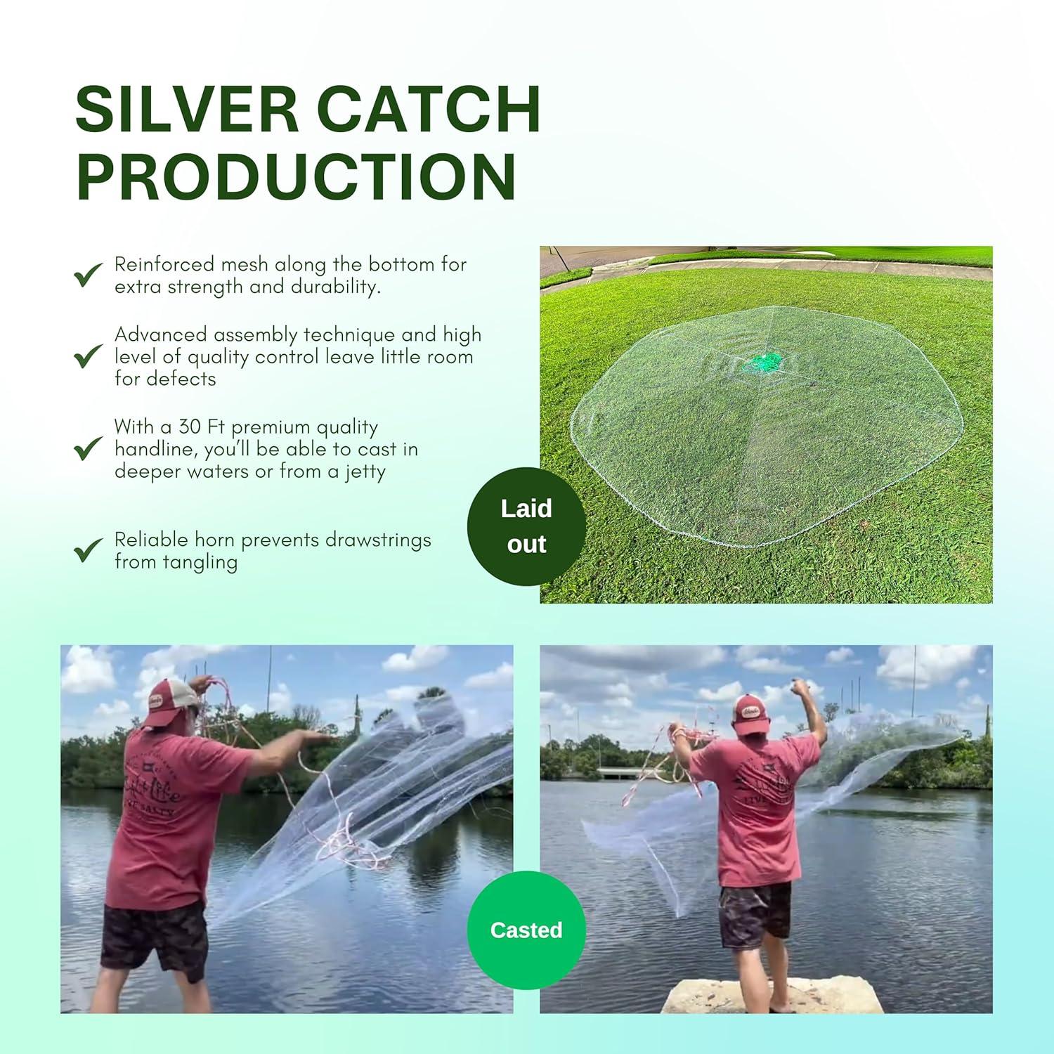 Silver Catch 8' Radius Cast Net Featuring 3/8" Mesh, True Six-Panel Design for Effective Smaller Bait Capture, Durable and Reliable