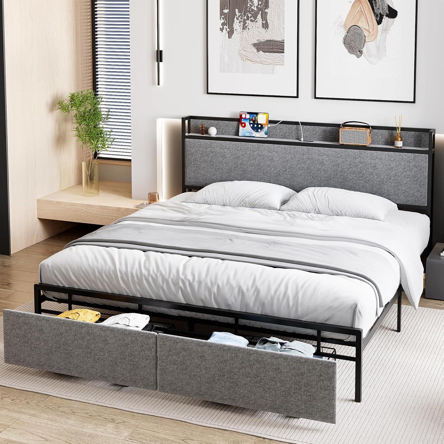 Dark Grey Upholstered Queen Bed Frame with Storage Drawers and Charging Station