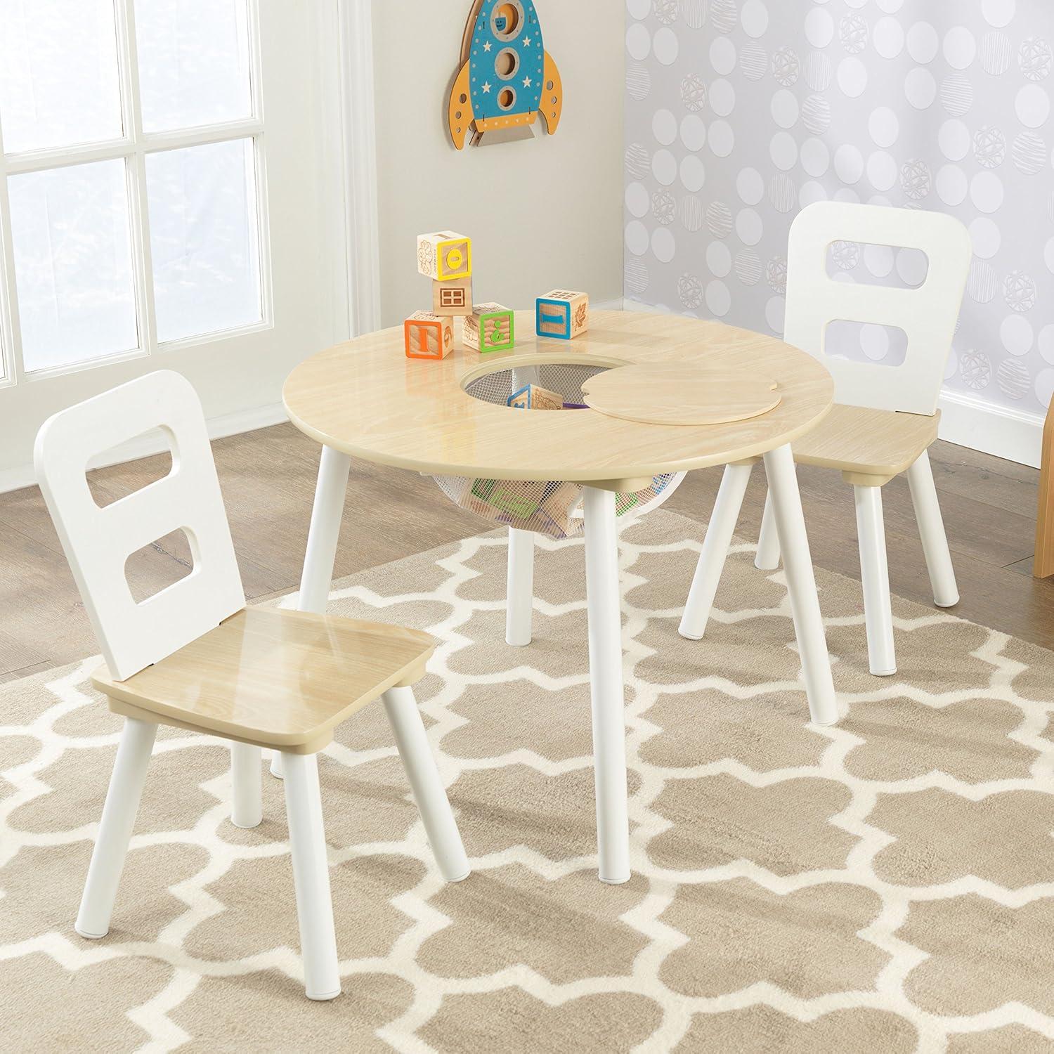 KidKraft Wooden Kids Round Storage Table & 2 Chair Set, Natural & White