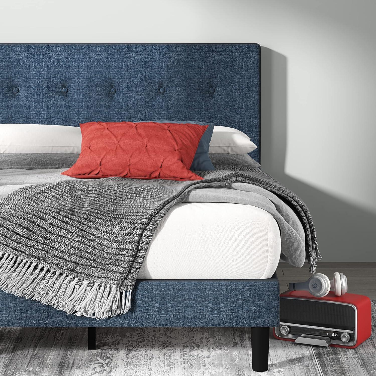 Navy Upholstered Queen Platform Bed with Tufted Headboard