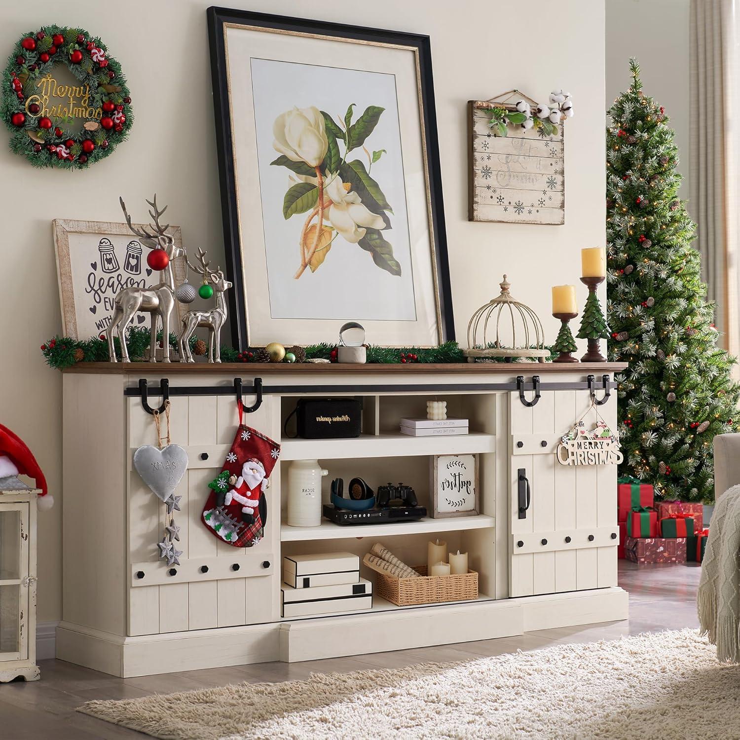 OKD 75" Wide Farmhouse Barn Door TV Stand for TVs up to 85", Entertainment Center with Wood Barn Door Storage Console, Dark Rustic Oak