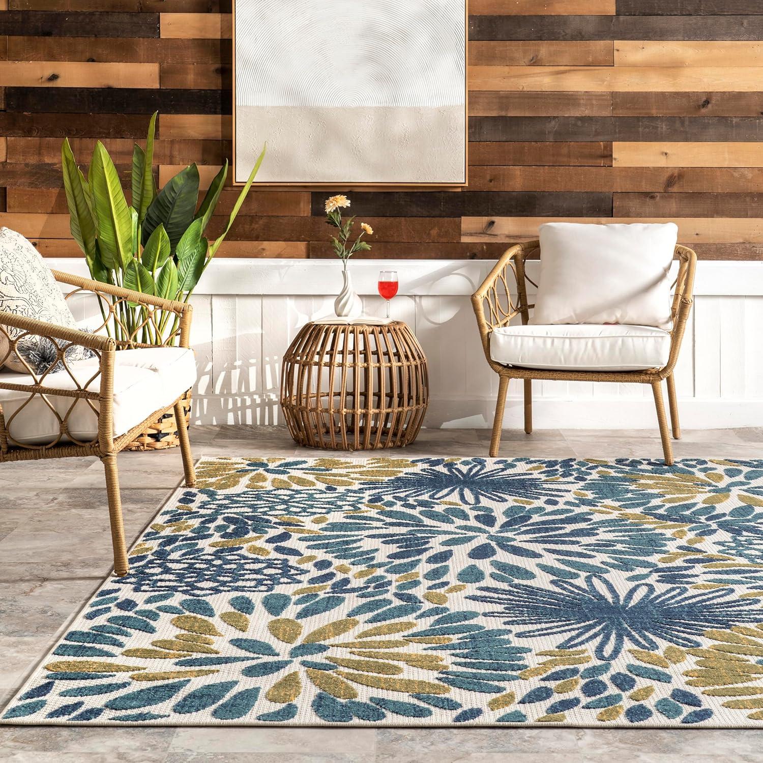 Nuloom Monique Floral & Paisley 5x8 Indoor/Outdoor Area Rug for Living Room Patio Deck Front Porch Kitchen, Teal/Ivory