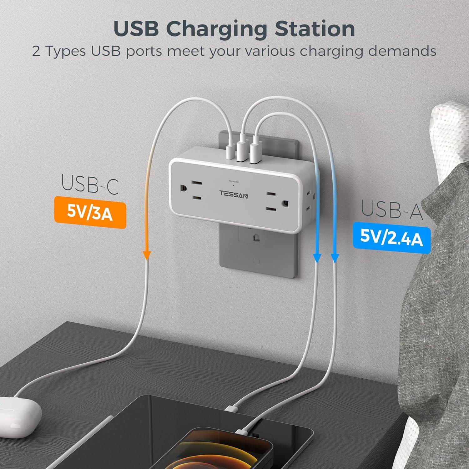 Outlet Extender Surge Protector, TESSAN Multi Wall Plug with 4 AC Electrical Outlets, 3 Sided Multiple Plug Expander, 1875W Max, Power Splitter 3 Prong Adapter for Home Bathroom Office Dorm Room