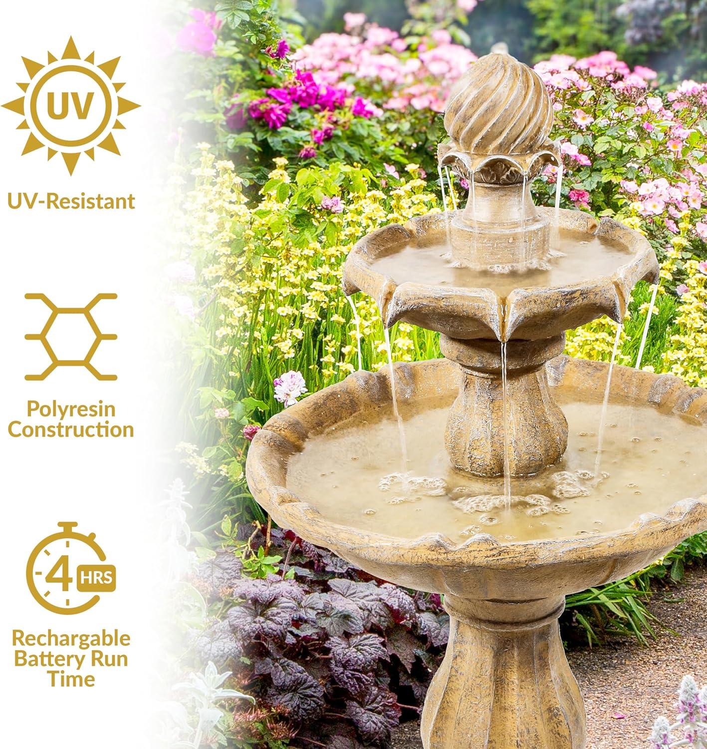 Sunnydaze Outdoor 2-Tier Solar Powered Water Fountain with Battery Backup and Submersible Pump - 35" - Earth Finish