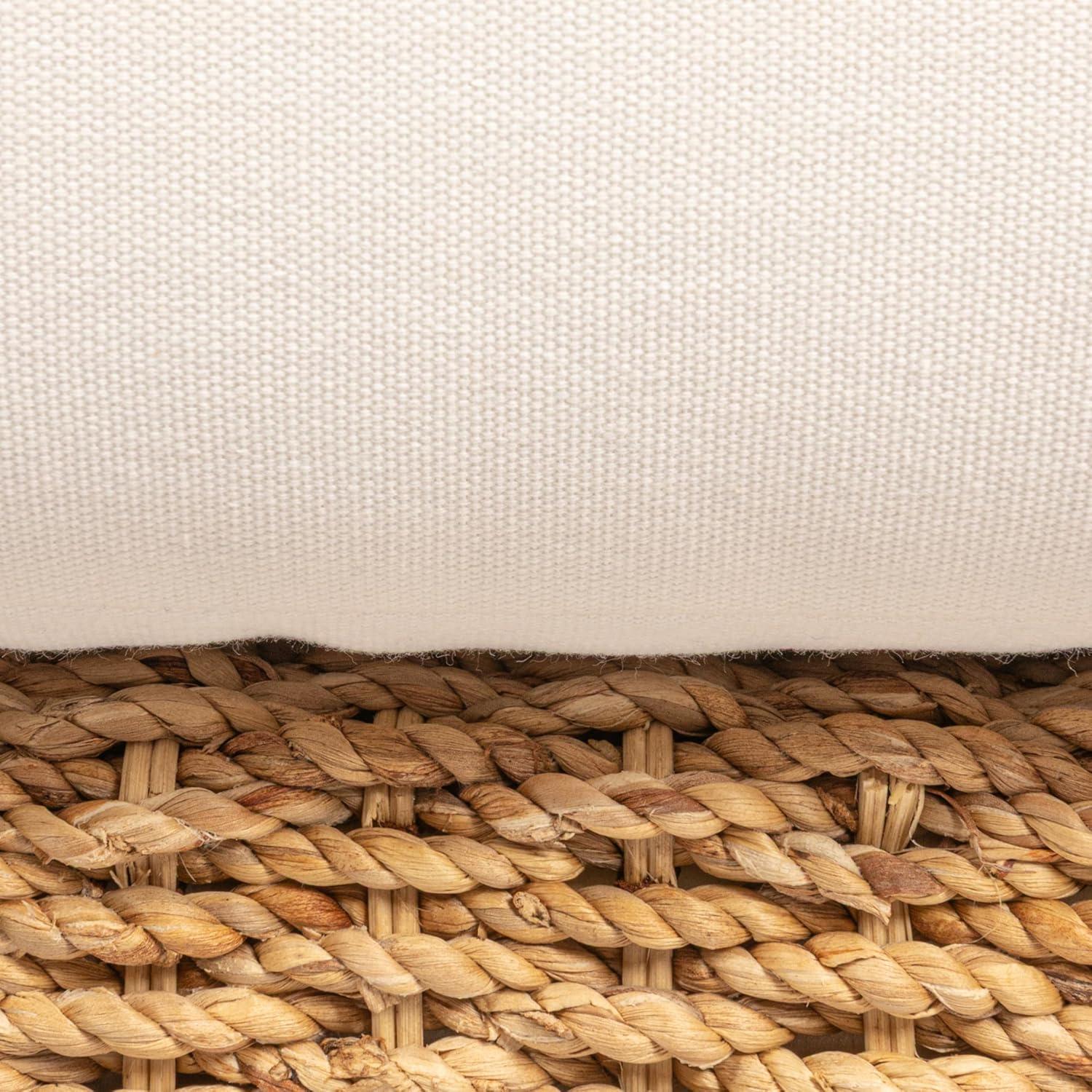 Natural and Cream Woven Water Hyacinth and Acacia Wood Outdoor Lounge Chair with White Cushion